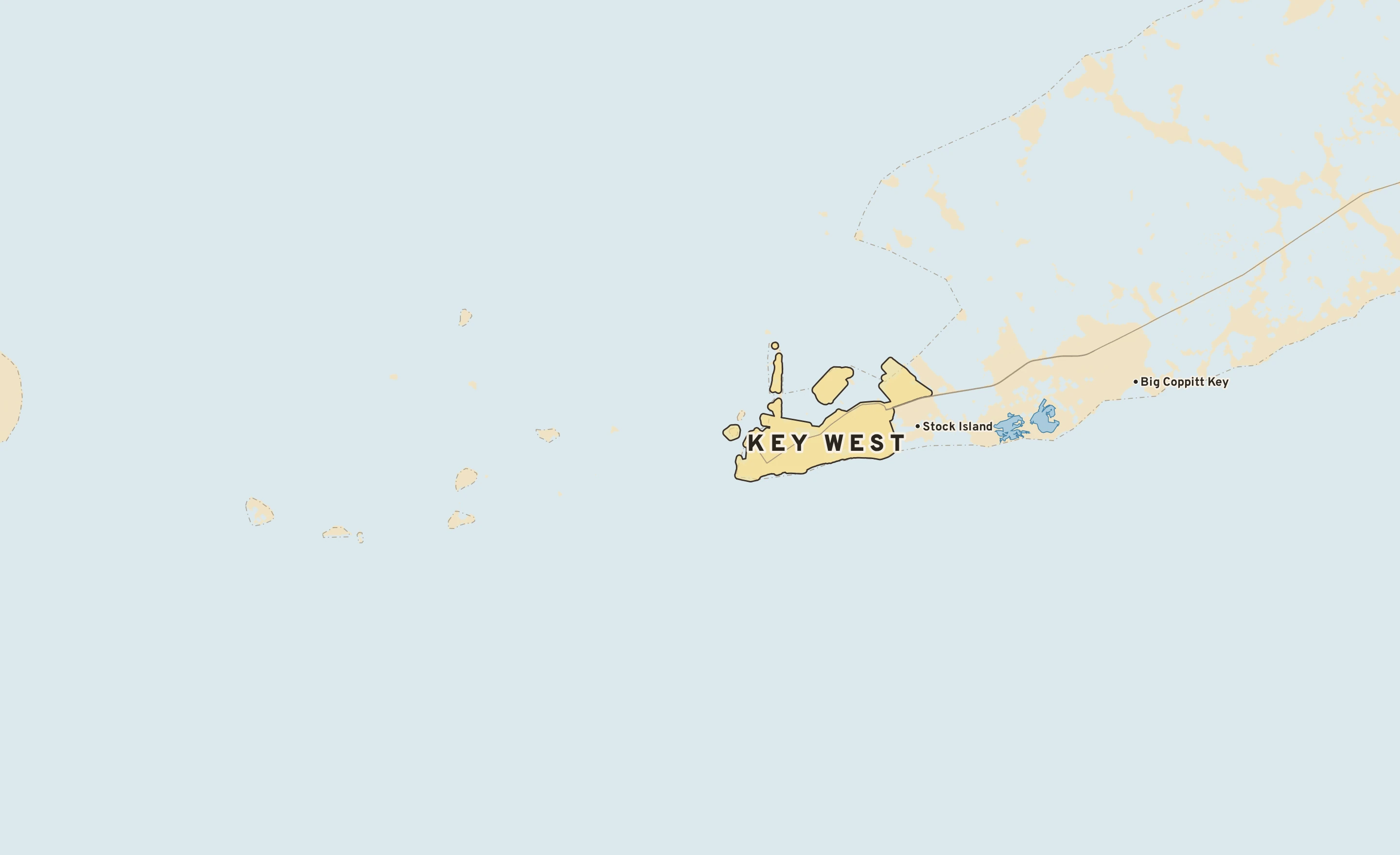 Shaded-relief atlas plate of Key West, Florida: rivers, roads, the city limits and where the water drains.