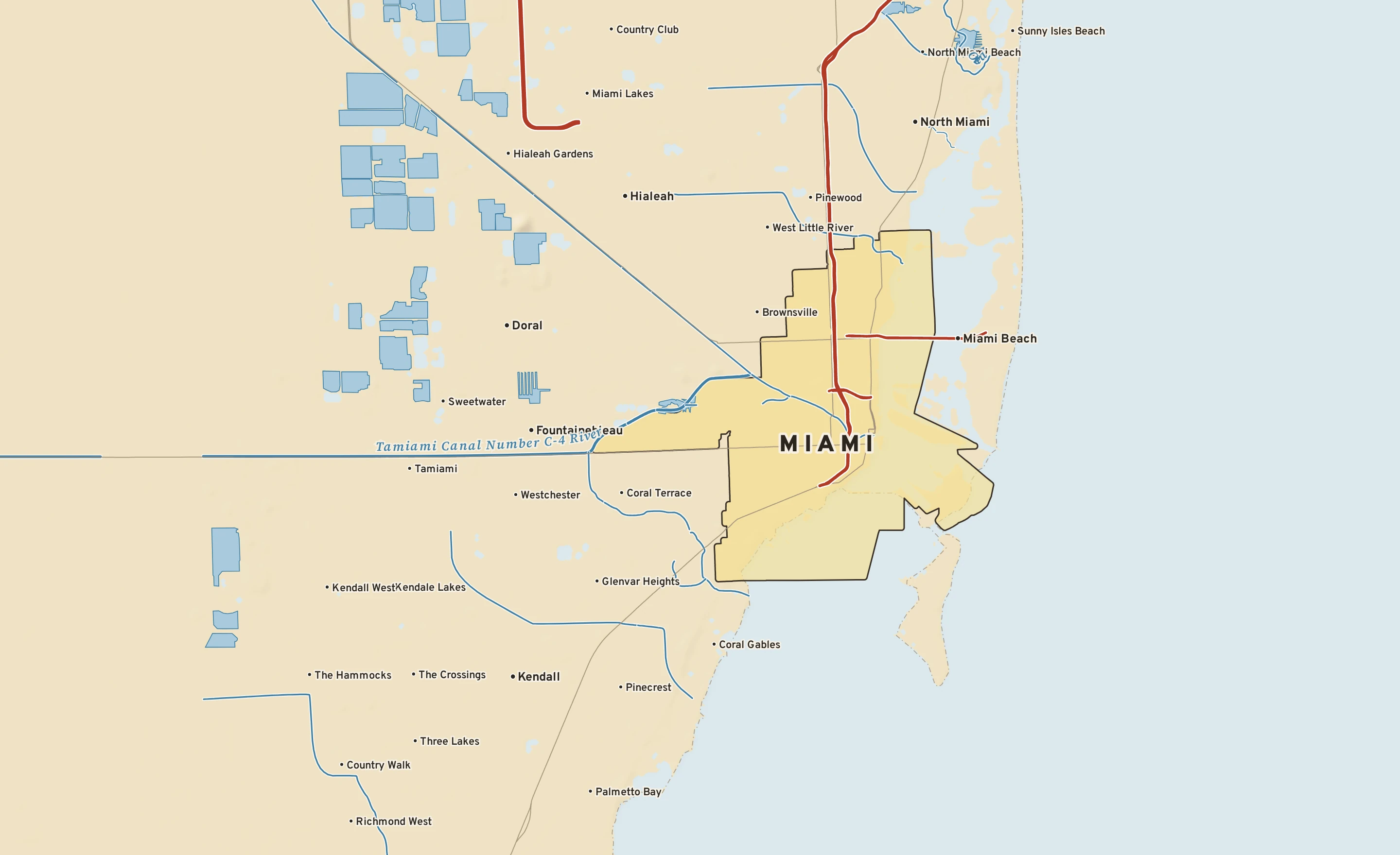 Shaded-relief atlas plate of Miami, Florida: rivers, roads, the city limits and where the water drains.