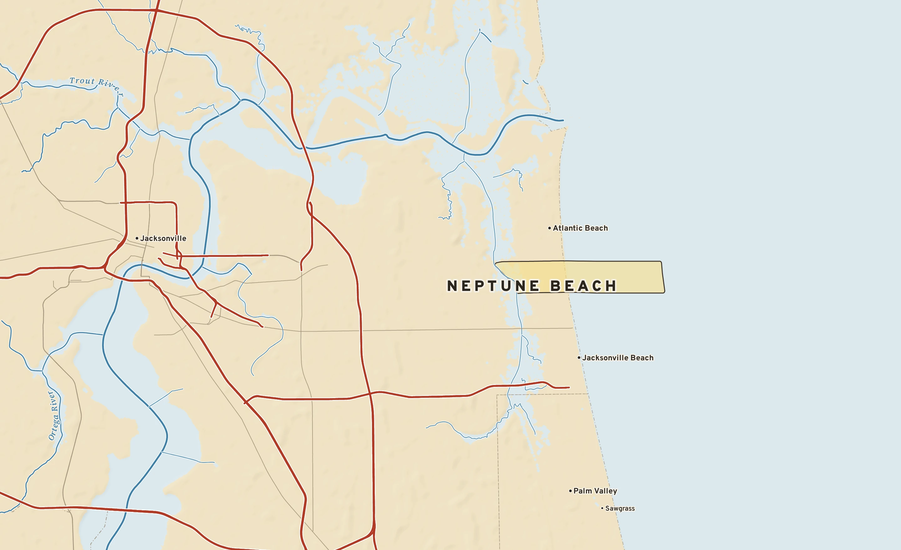 Shaded-relief atlas plate of Neptune Beach, Florida: rivers, roads, the city limits and where the water drains.