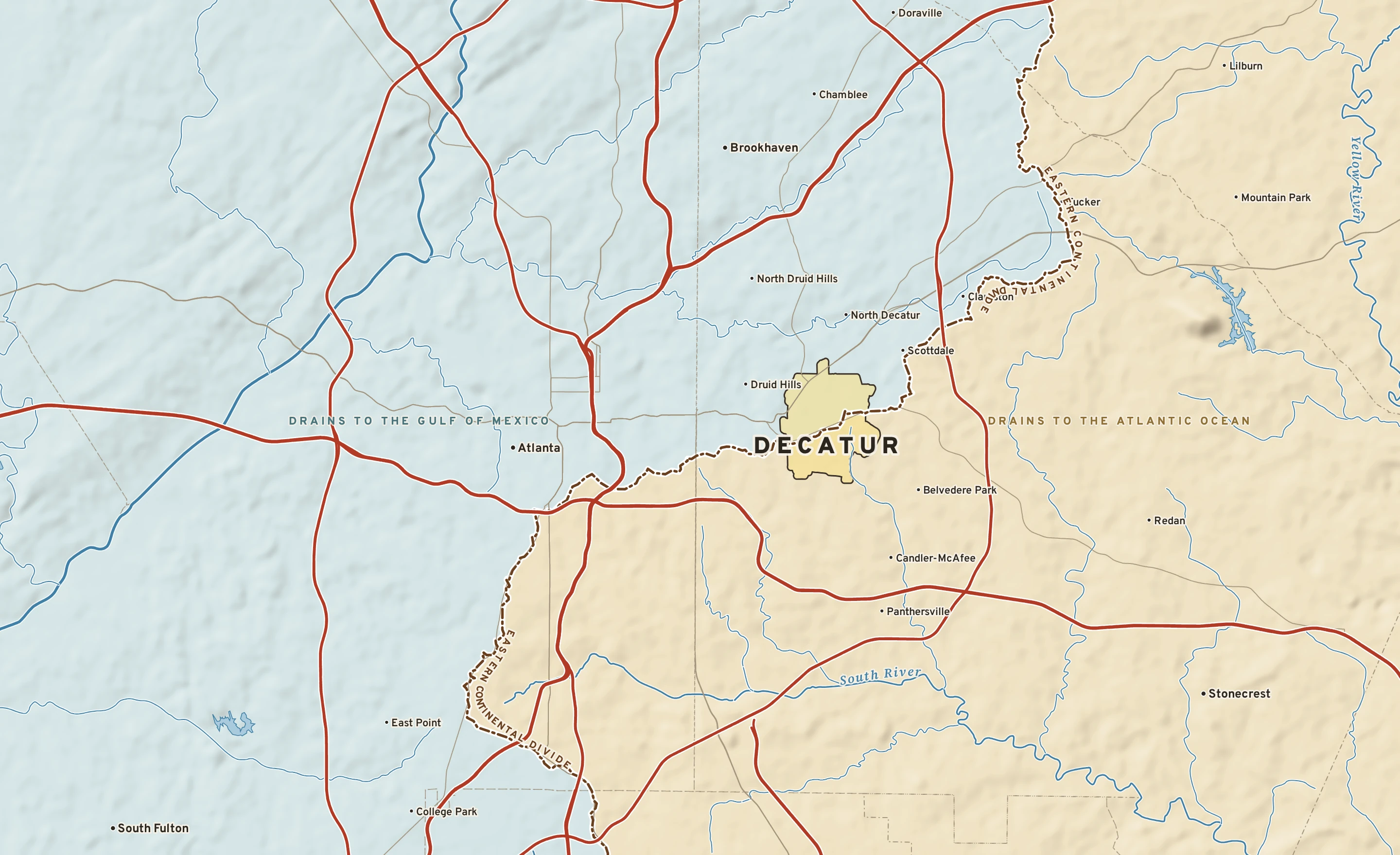 Shaded-relief atlas plate of Decatur, Georgia: rivers, roads, the city limits and where the water drains.