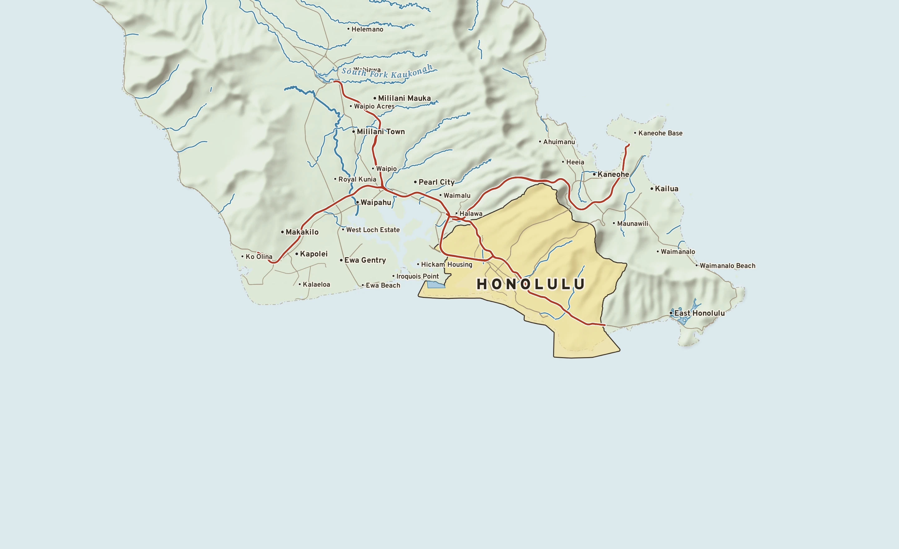 Shaded-relief atlas plate of Honolulu, Hawaii: rivers, roads, the city limits and where the water drains.