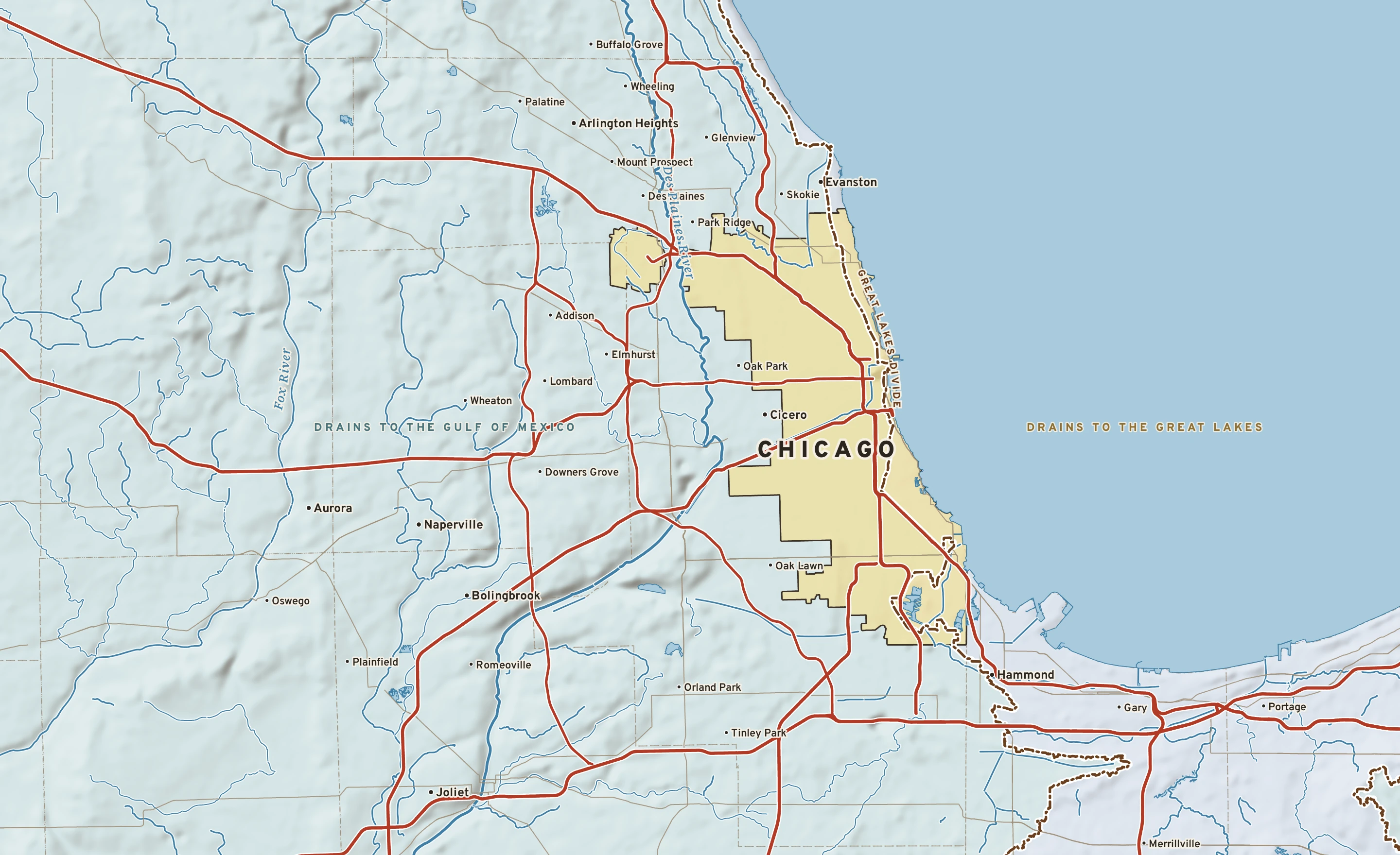 Shaded-relief atlas plate of Chicago, Illinois: rivers, roads, the city limits and where the water drains.