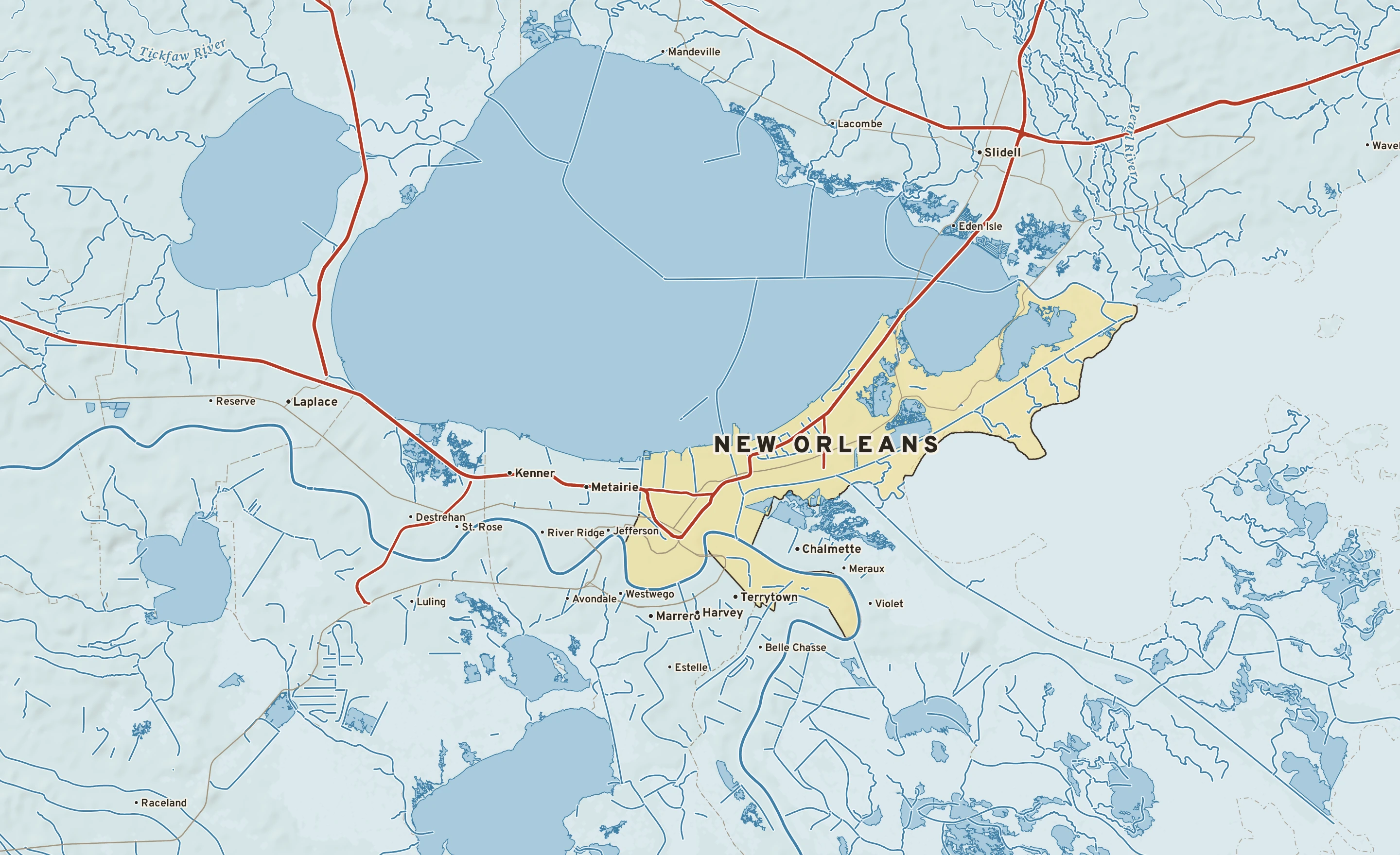 Shaded-relief atlas plate of New Orleans, Louisiana: rivers, roads, the city limits and where the water drains.