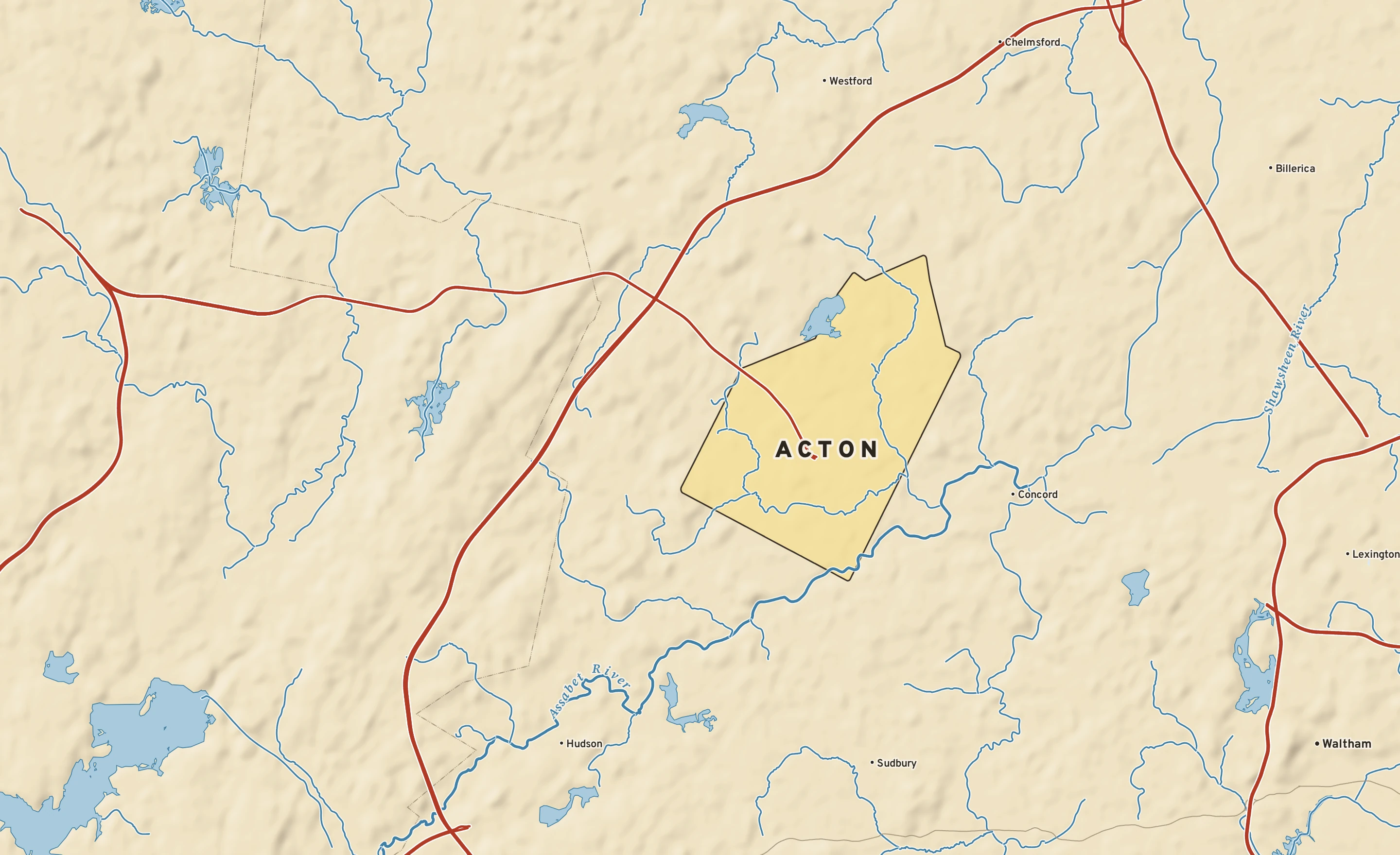 Shaded-relief atlas plate of Acton, Massachusetts: rivers, roads, the city limits and where the water drains.