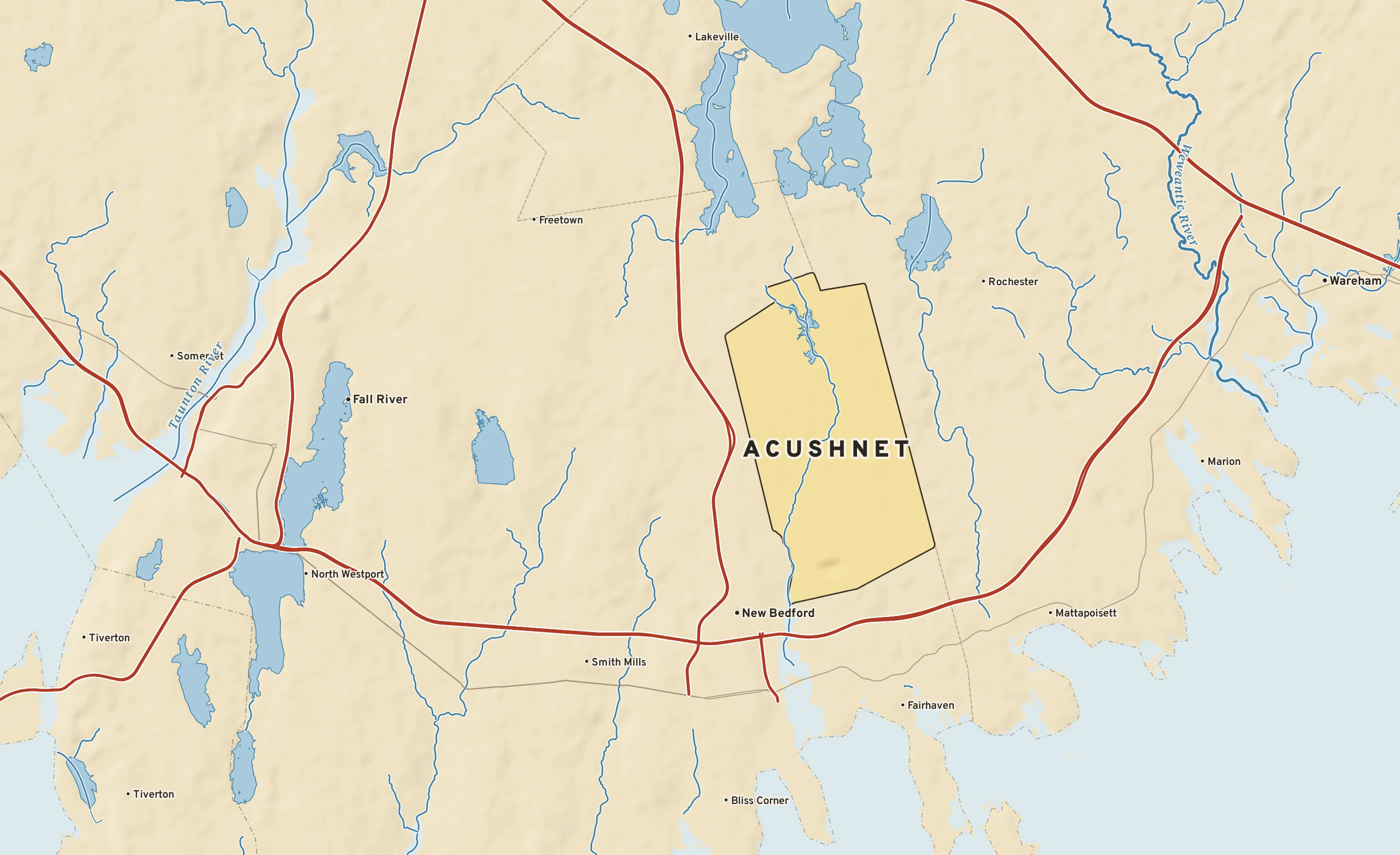 Shaded-relief atlas plate of Acushnet, Massachusetts: rivers, roads, the city limits and where the water drains.