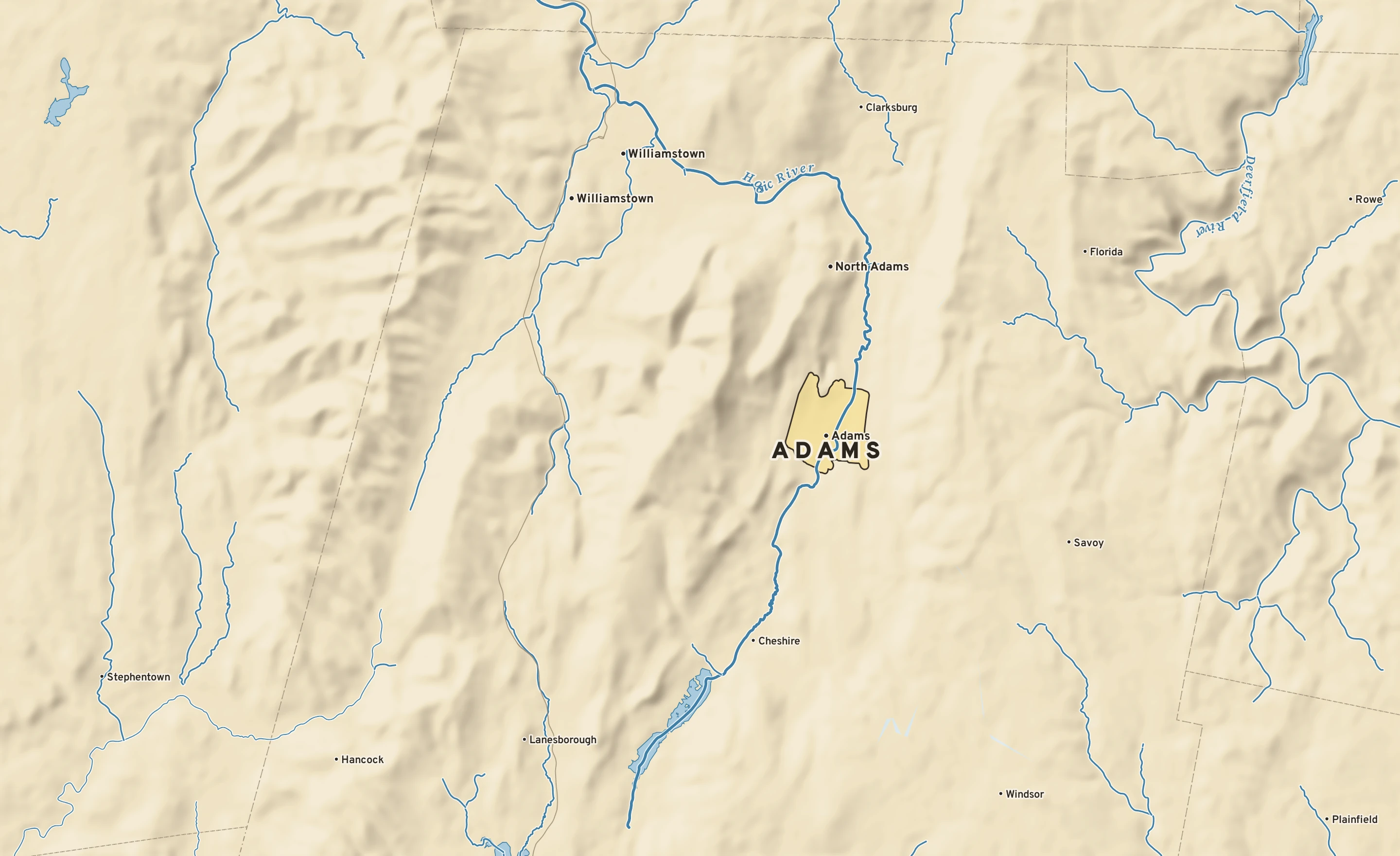 Shaded-relief atlas plate of Adams, Massachusetts: rivers, roads, the city limits and where the water drains.