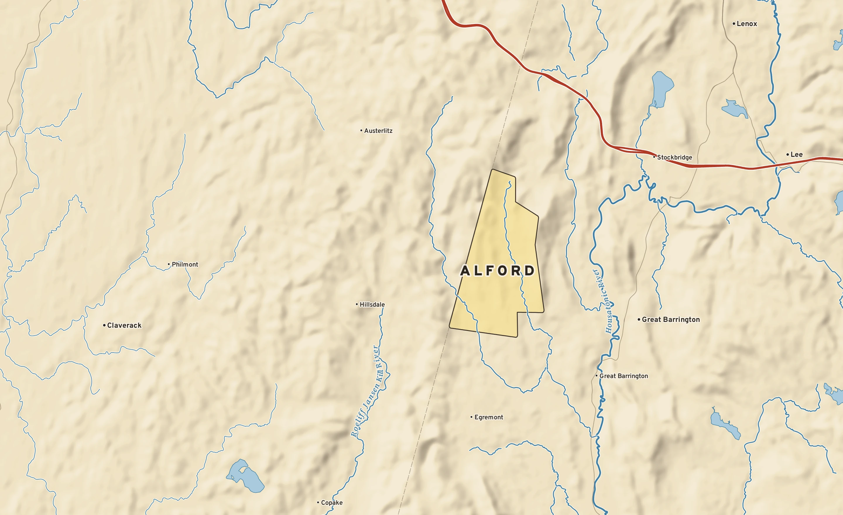 Shaded-relief atlas plate of Alford, Massachusetts: rivers, roads, the city limits and where the water drains.