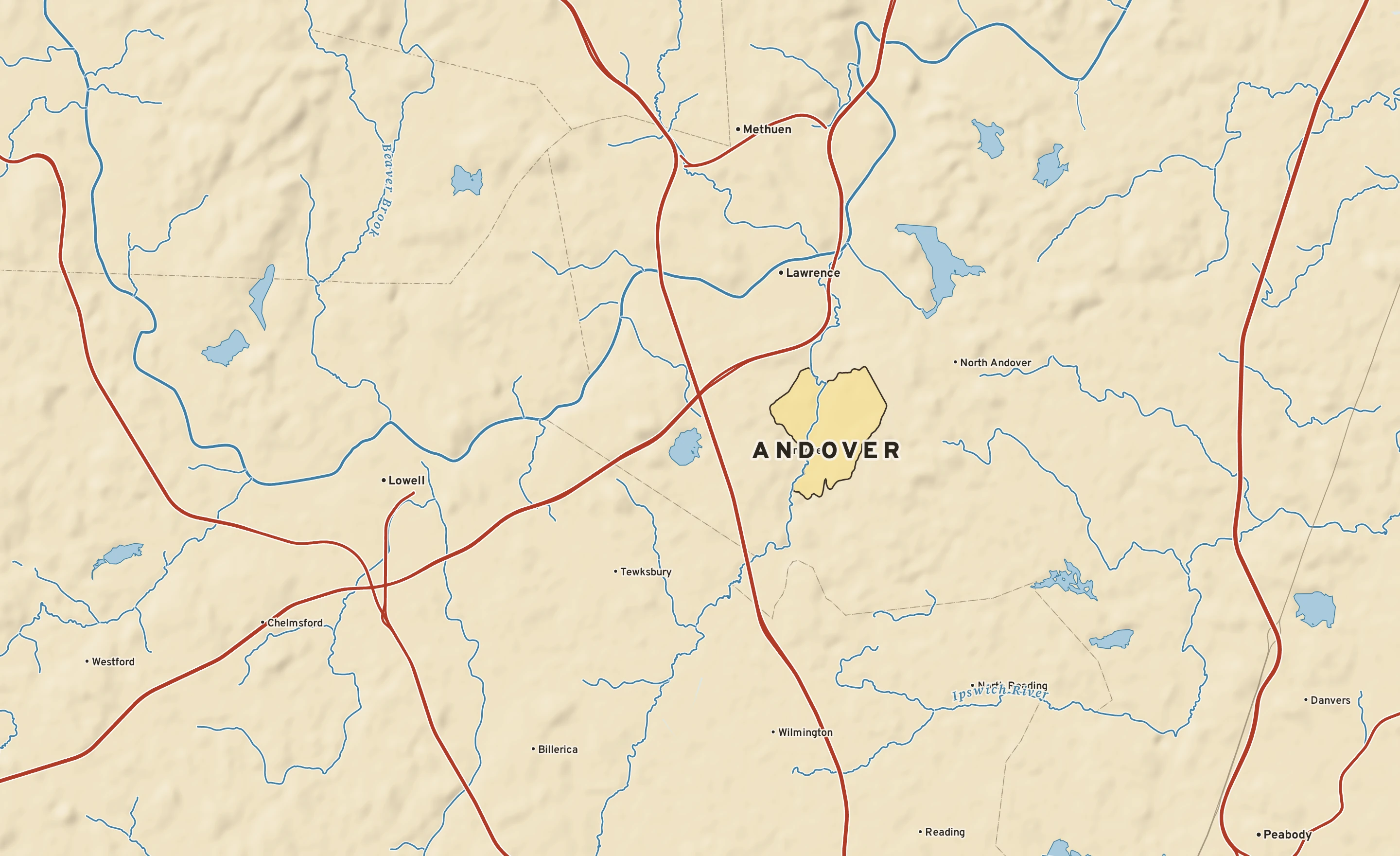 Shaded-relief atlas plate of Andover, Massachusetts: rivers, roads, the city limits and where the water drains.