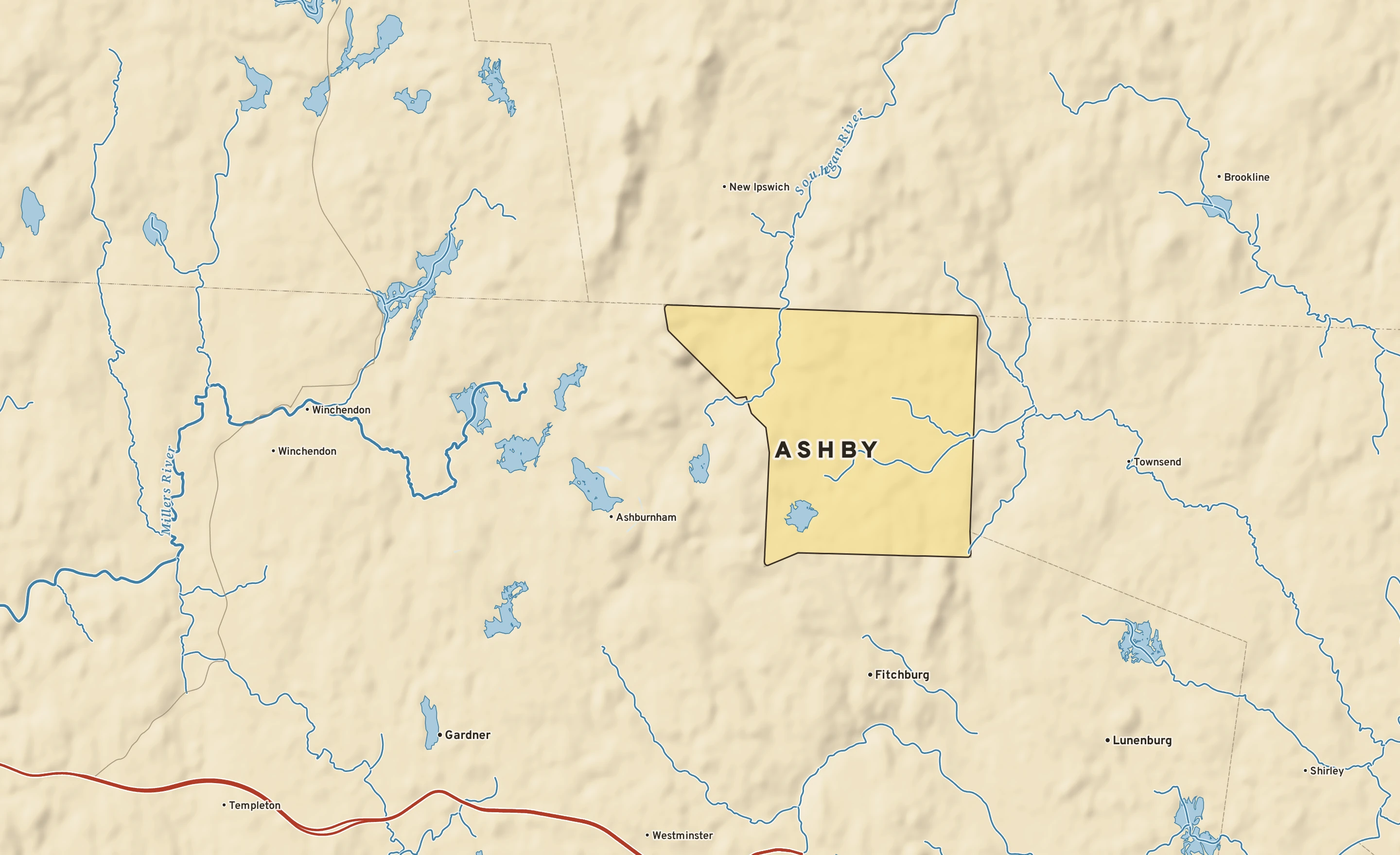 Shaded-relief atlas plate of Ashby, Massachusetts: rivers, roads, the city limits and where the water drains.
