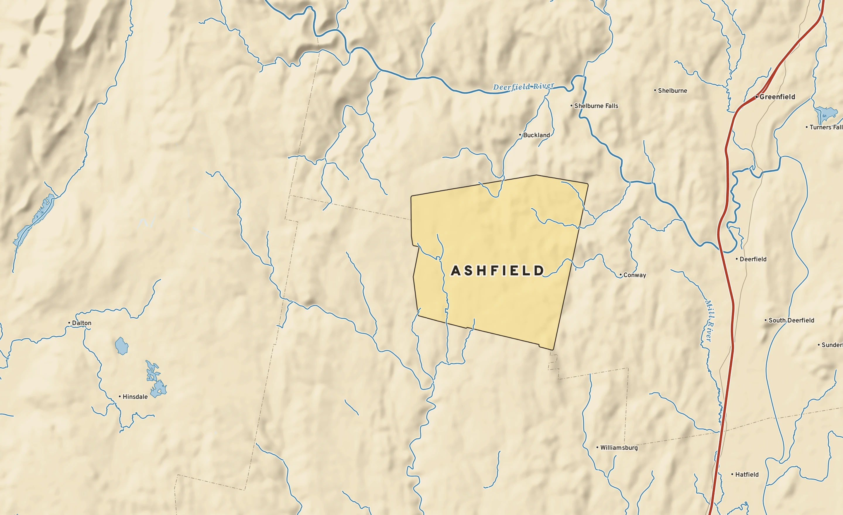 Shaded-relief atlas plate of Ashfield, Massachusetts: rivers, roads, the city limits and where the water drains.