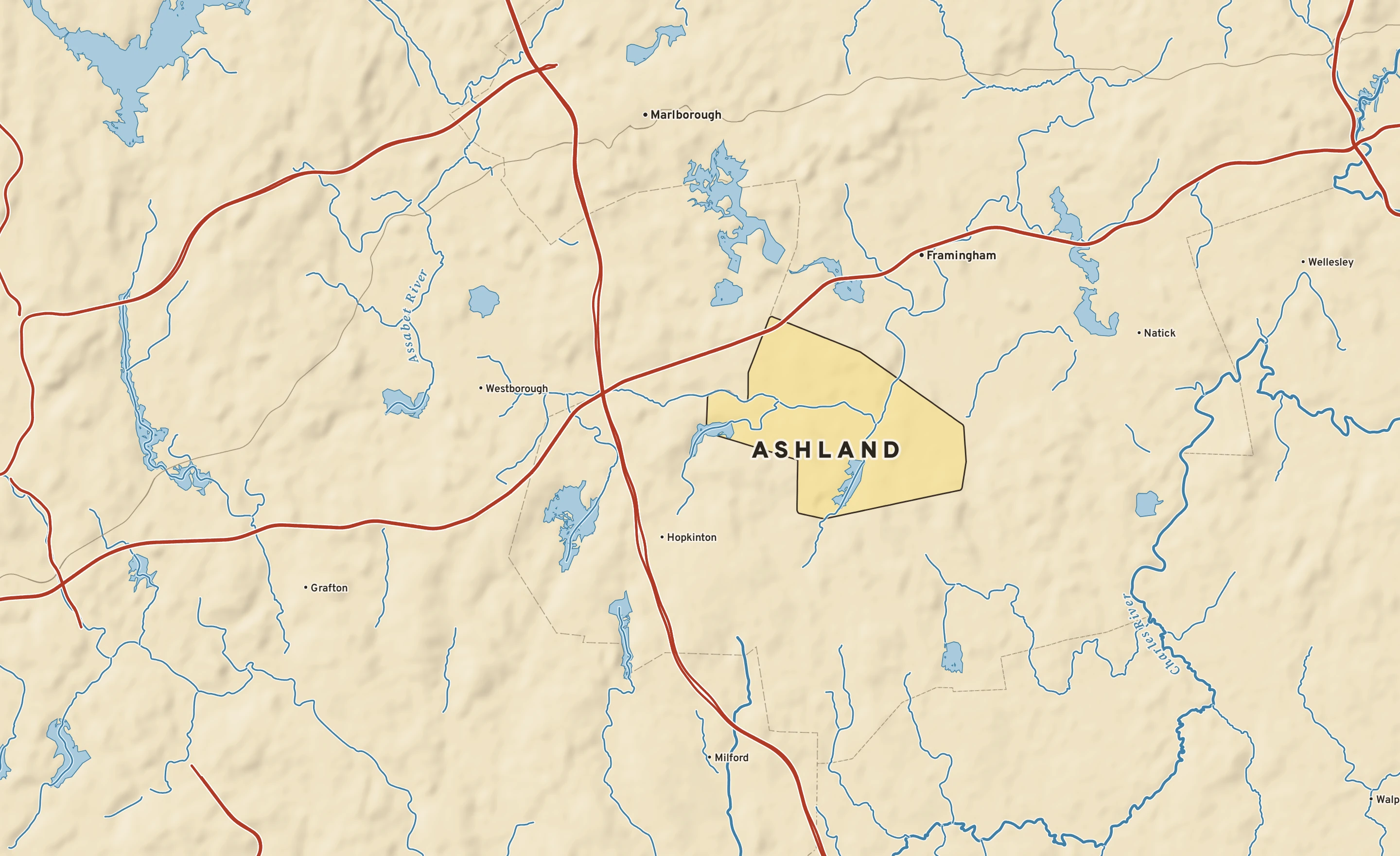 Shaded-relief atlas plate of Ashland, Massachusetts: rivers, roads, the city limits and where the water drains.