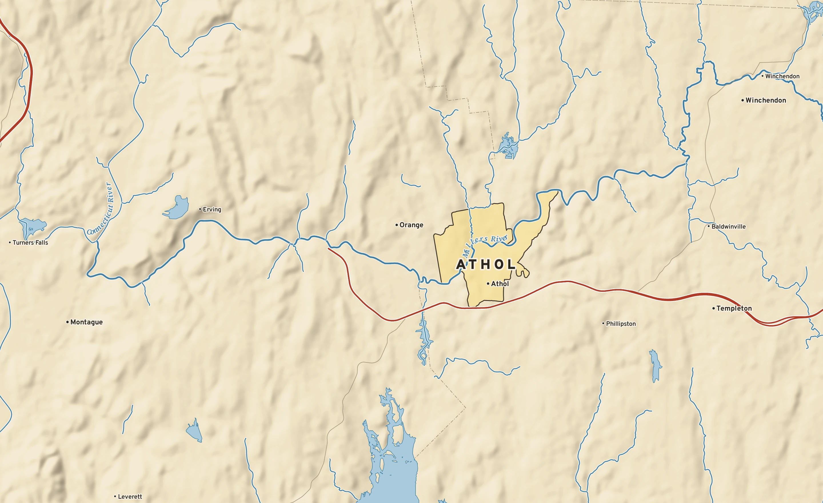 Shaded-relief atlas plate of Athol, Massachusetts: rivers, roads, the city limits and where the water drains.