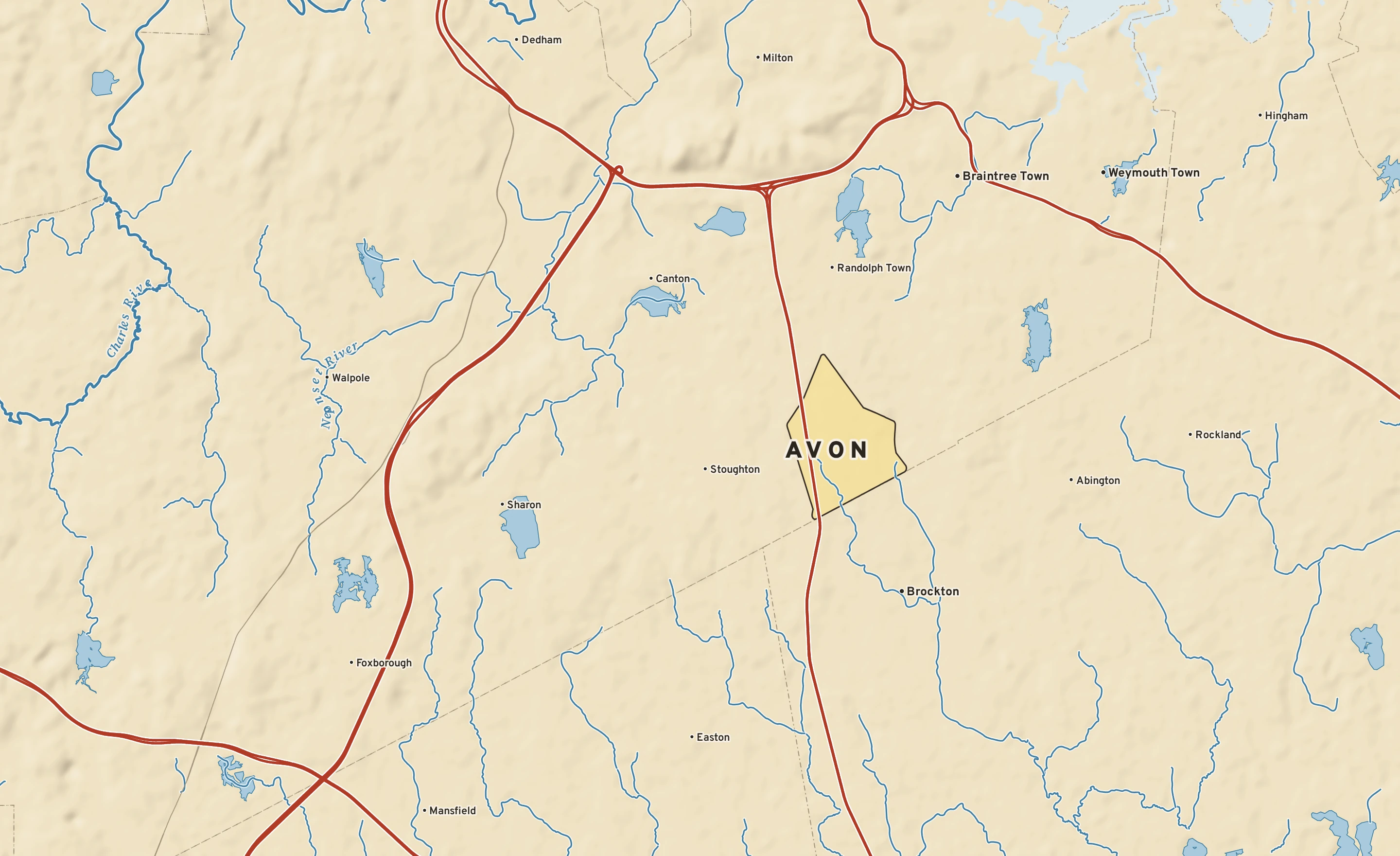 Shaded-relief atlas plate of Avon, Massachusetts: rivers, roads, the city limits and where the water drains.