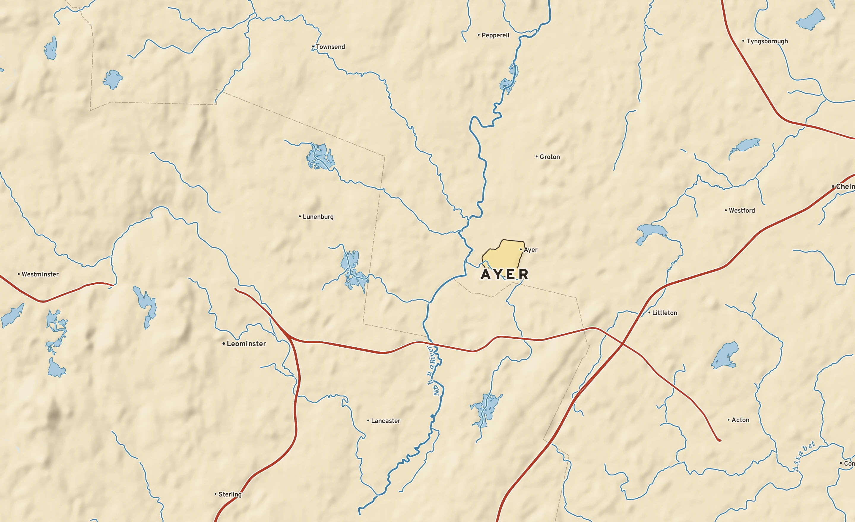 Shaded-relief atlas plate of Ayer, Massachusetts: rivers, roads, the city limits and where the water drains.