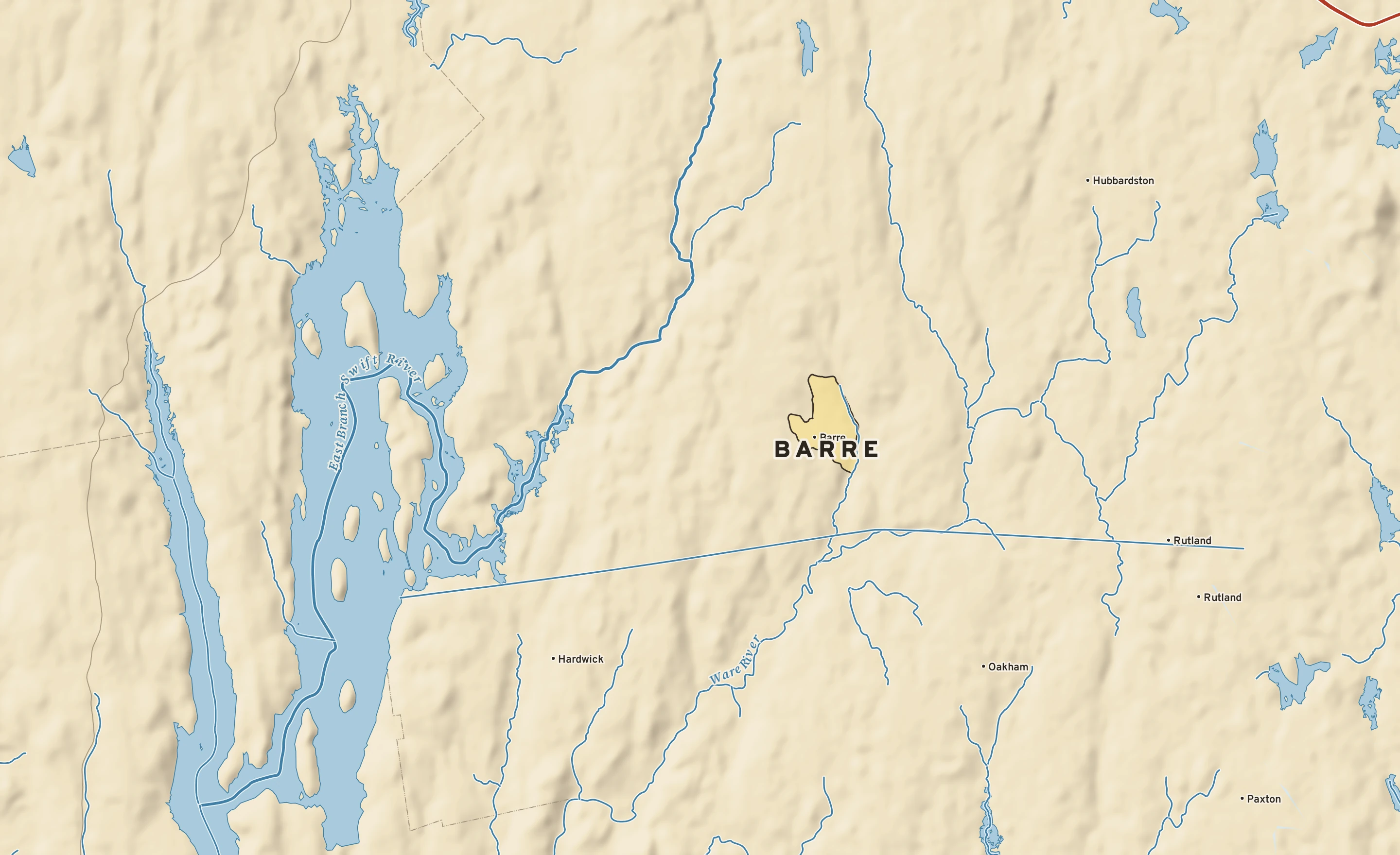 Shaded-relief atlas plate of Barre, Massachusetts: rivers, roads, the city limits and where the water drains.