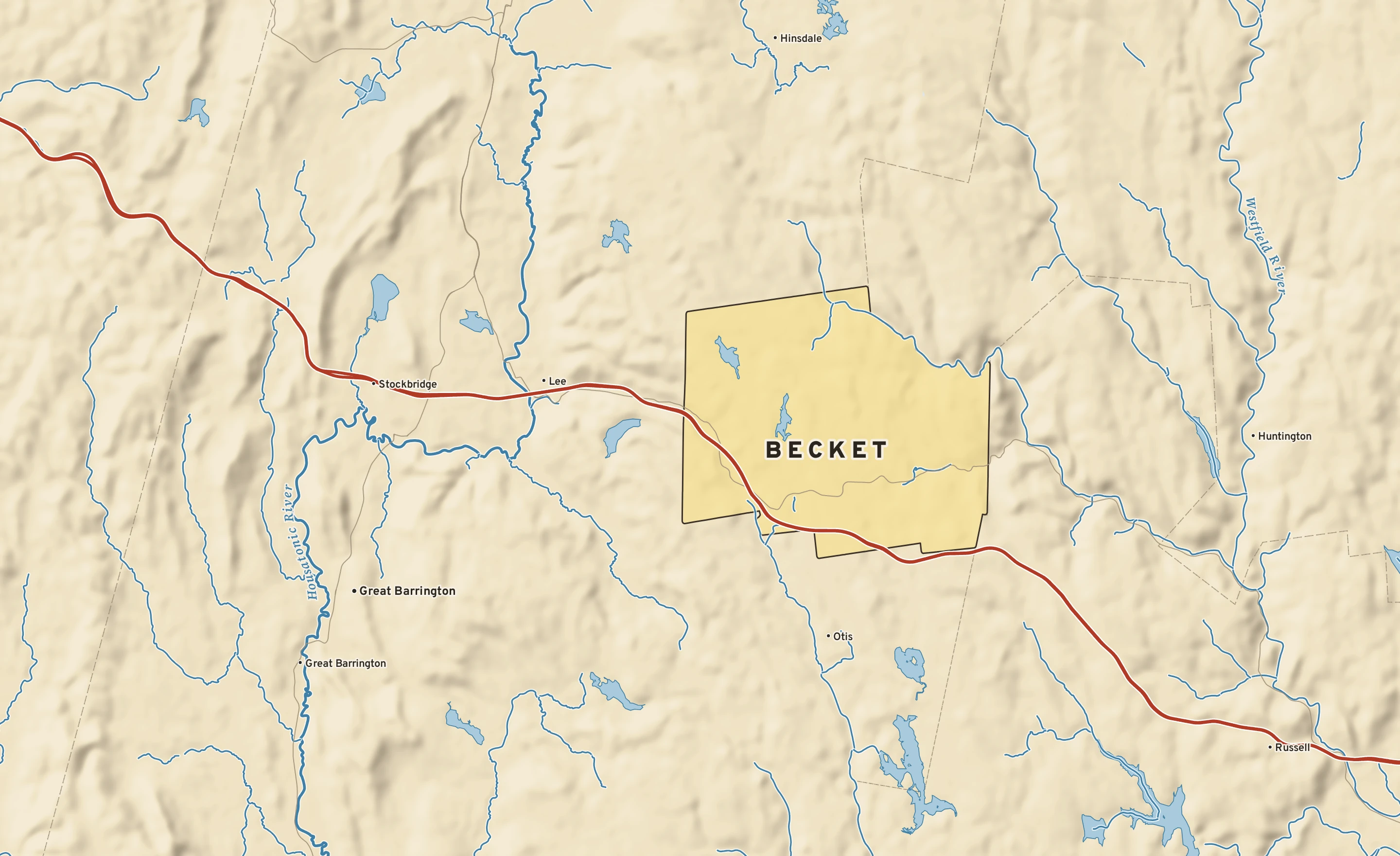 Shaded-relief atlas plate of Becket, Massachusetts: rivers, roads, the city limits and where the water drains.