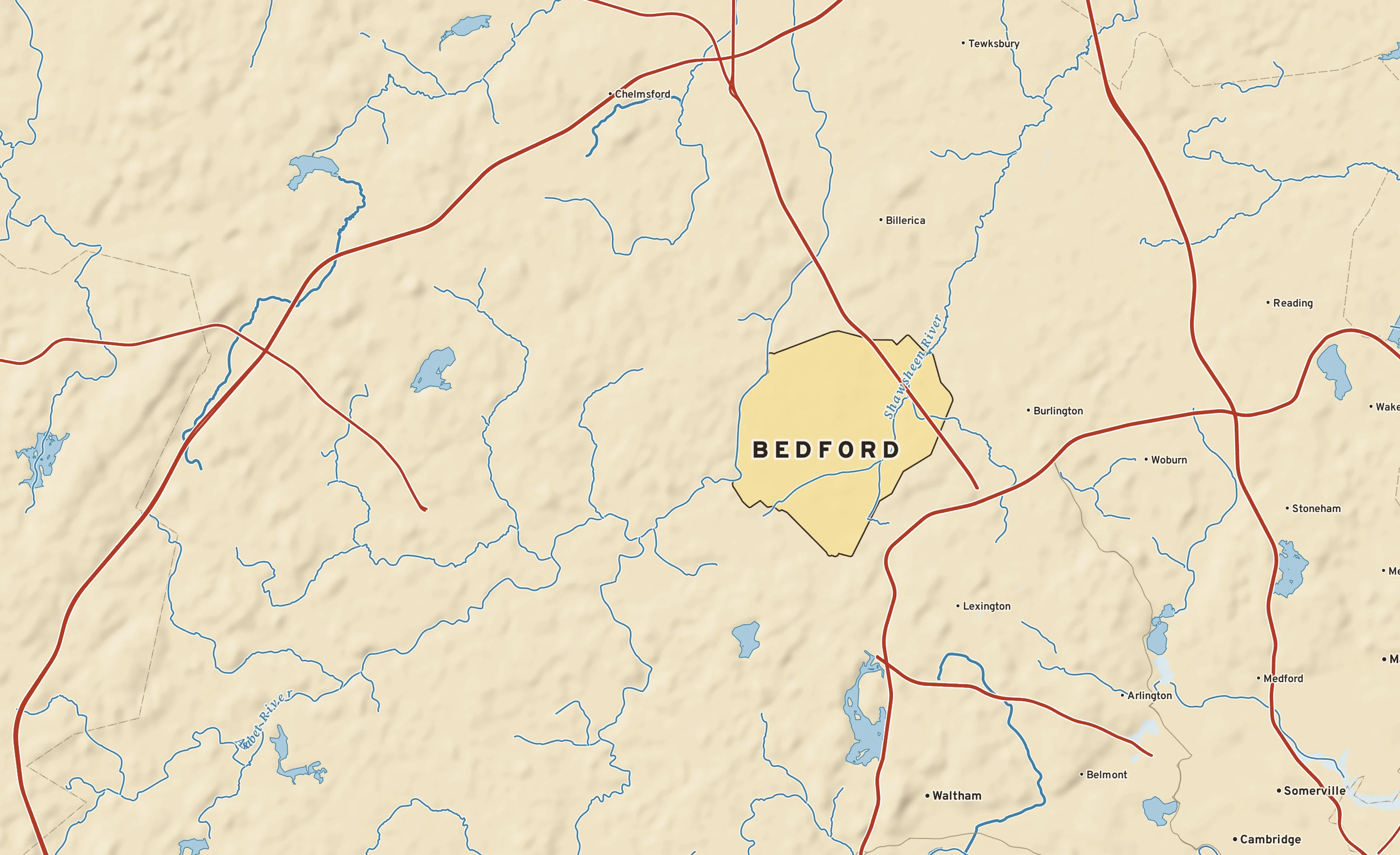 Shaded-relief atlas plate of Bedford, Massachusetts: rivers, roads, the city limits and where the water drains.