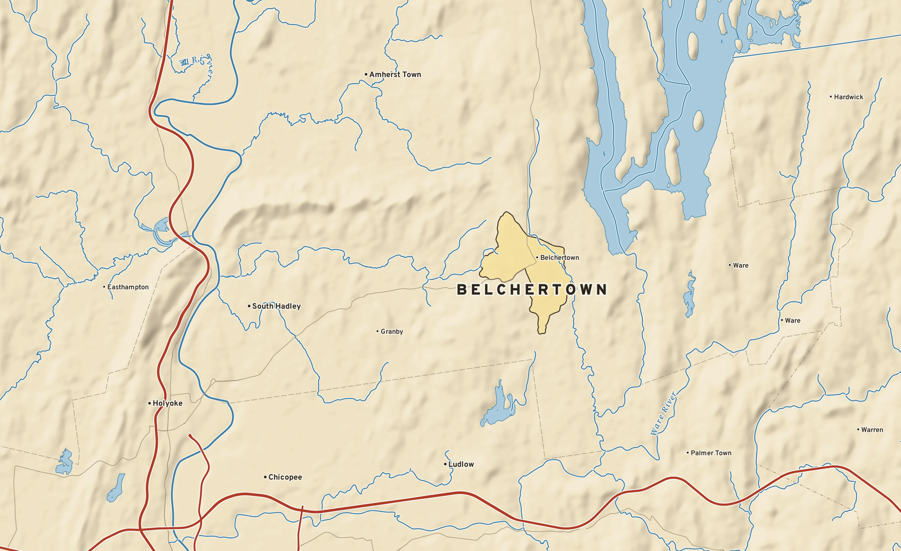 Shaded-relief atlas plate of Belchertown, Massachusetts: rivers, roads, the city limits and where the water drains.