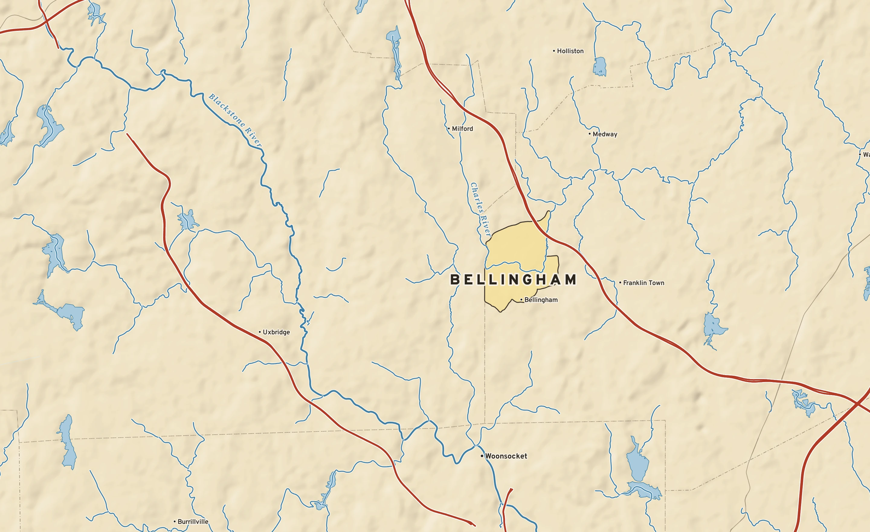 Shaded-relief atlas plate of Bellingham, Massachusetts: rivers, roads, the city limits and where the water drains.