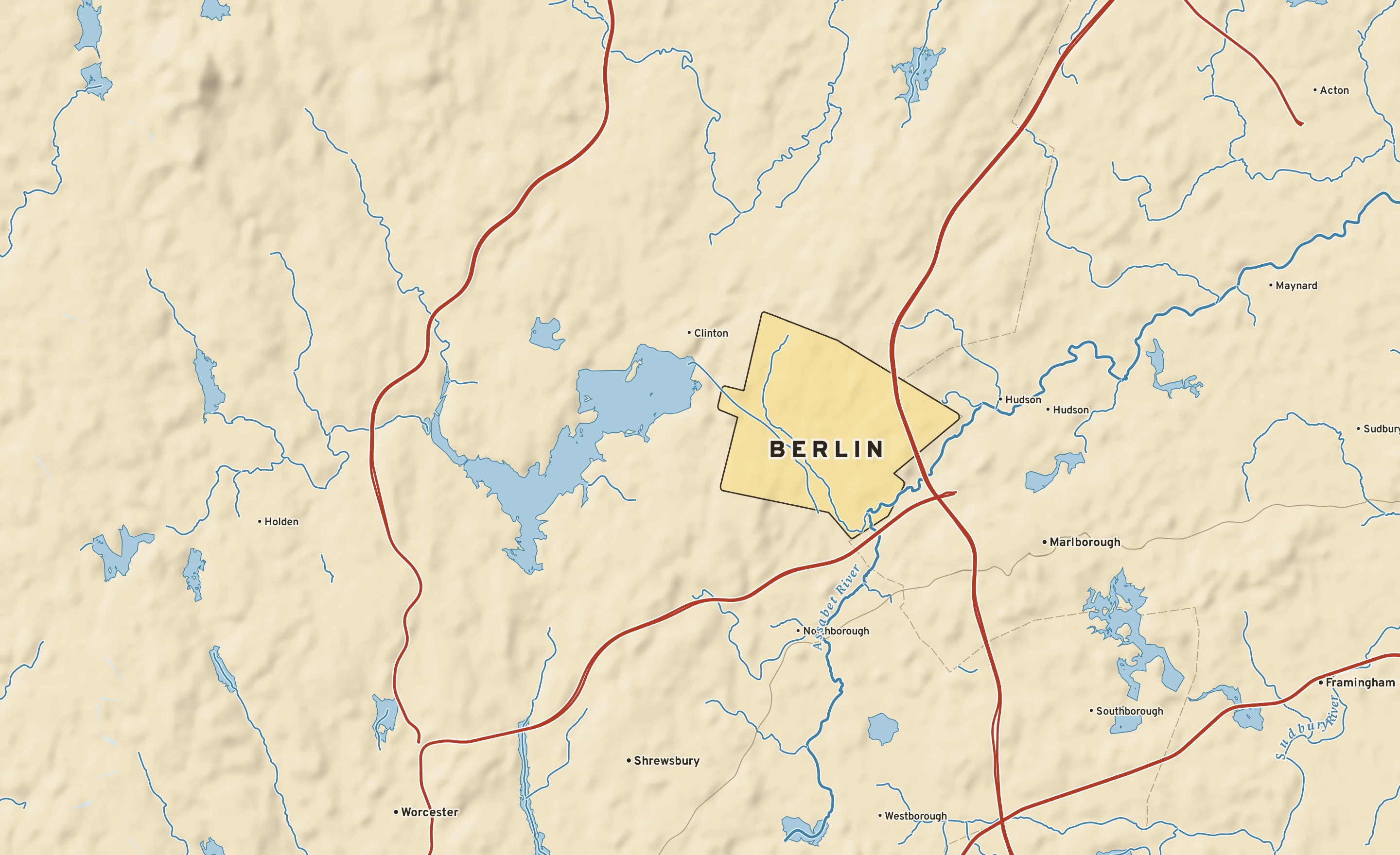 Shaded-relief atlas plate of Berlin, Massachusetts: rivers, roads, the city limits and where the water drains.