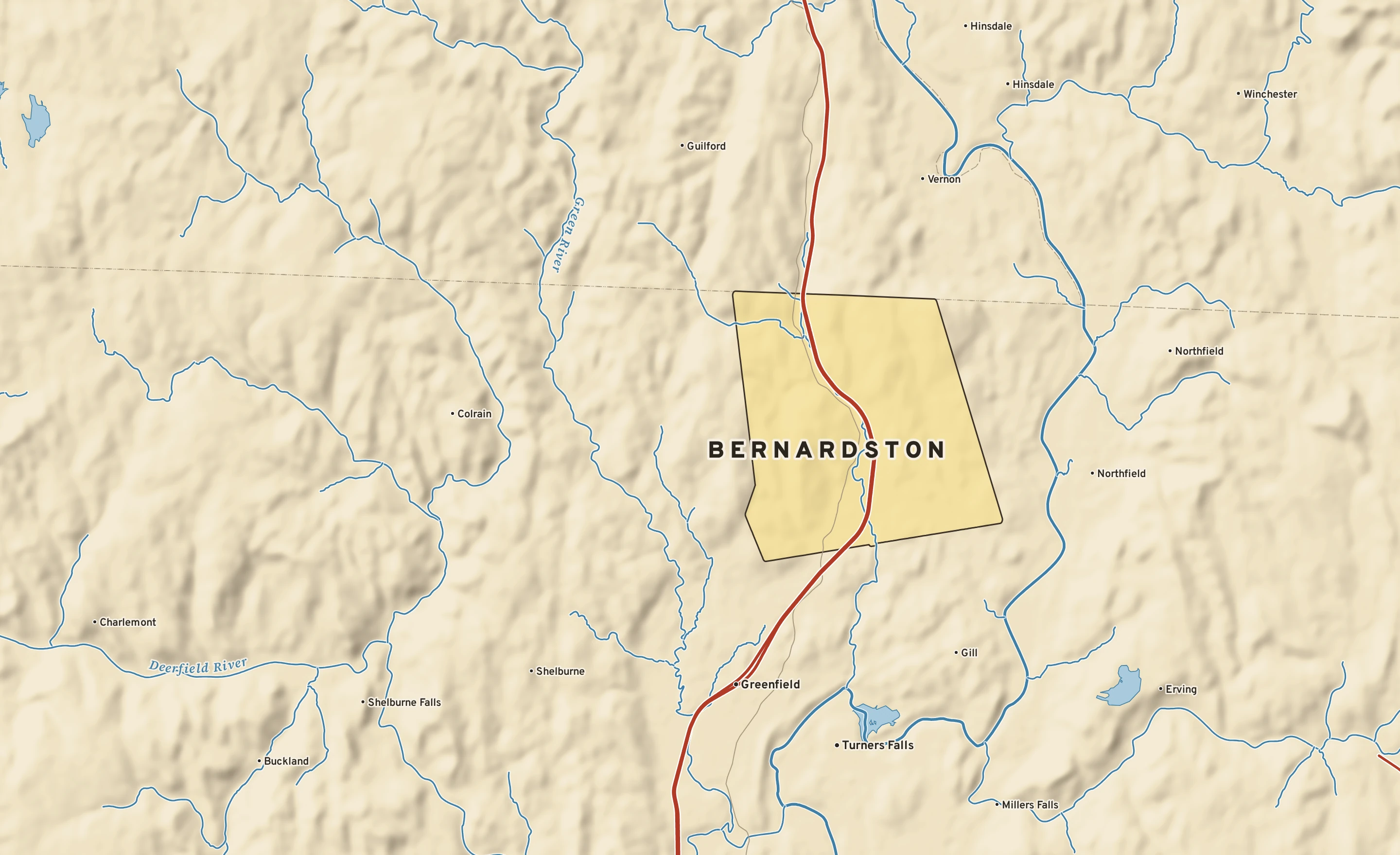 Shaded-relief atlas plate of Bernardston, Massachusetts: rivers, roads, the city limits and where the water drains.