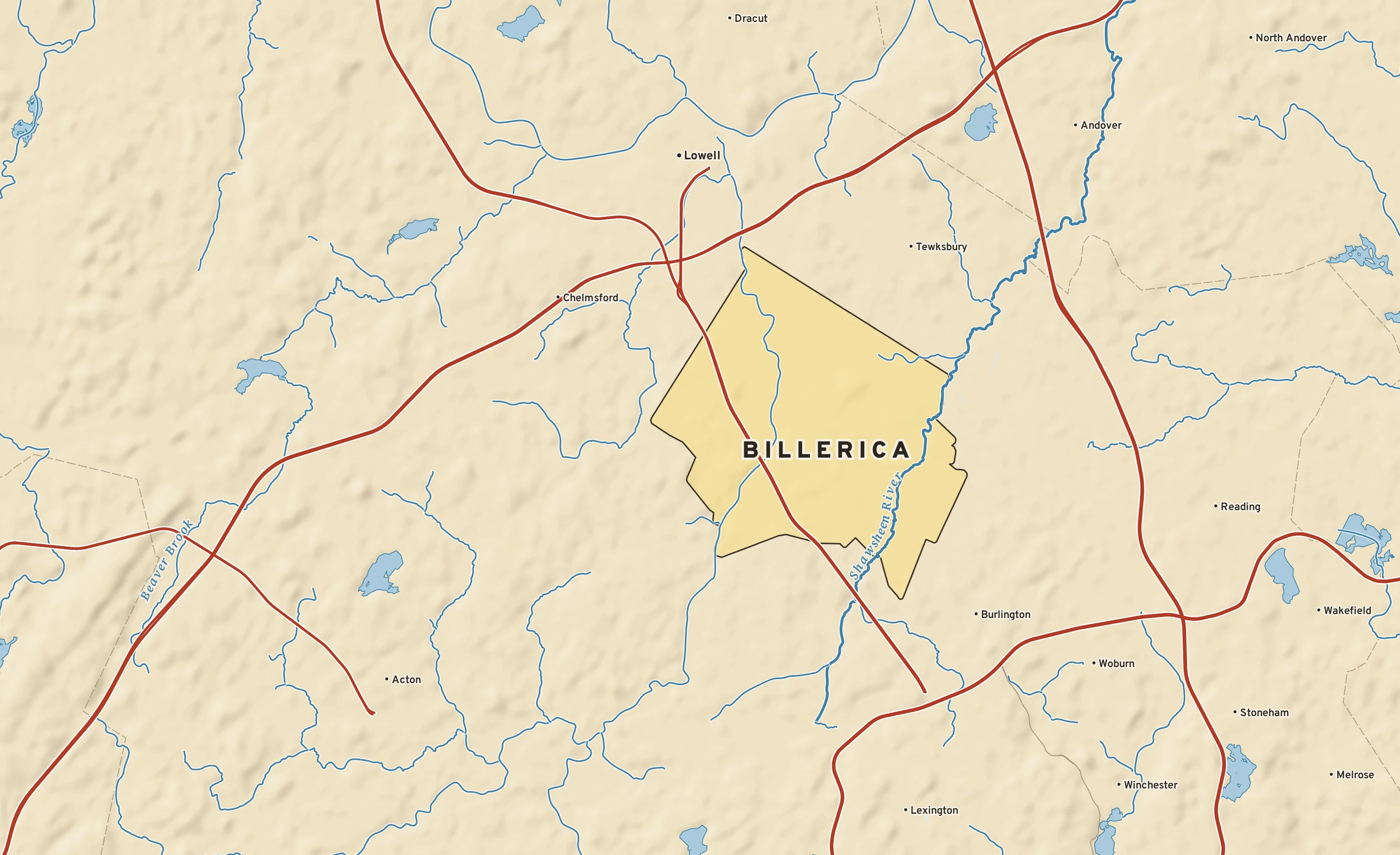Shaded-relief atlas plate of Billerica, Massachusetts: rivers, roads, the city limits and where the water drains.