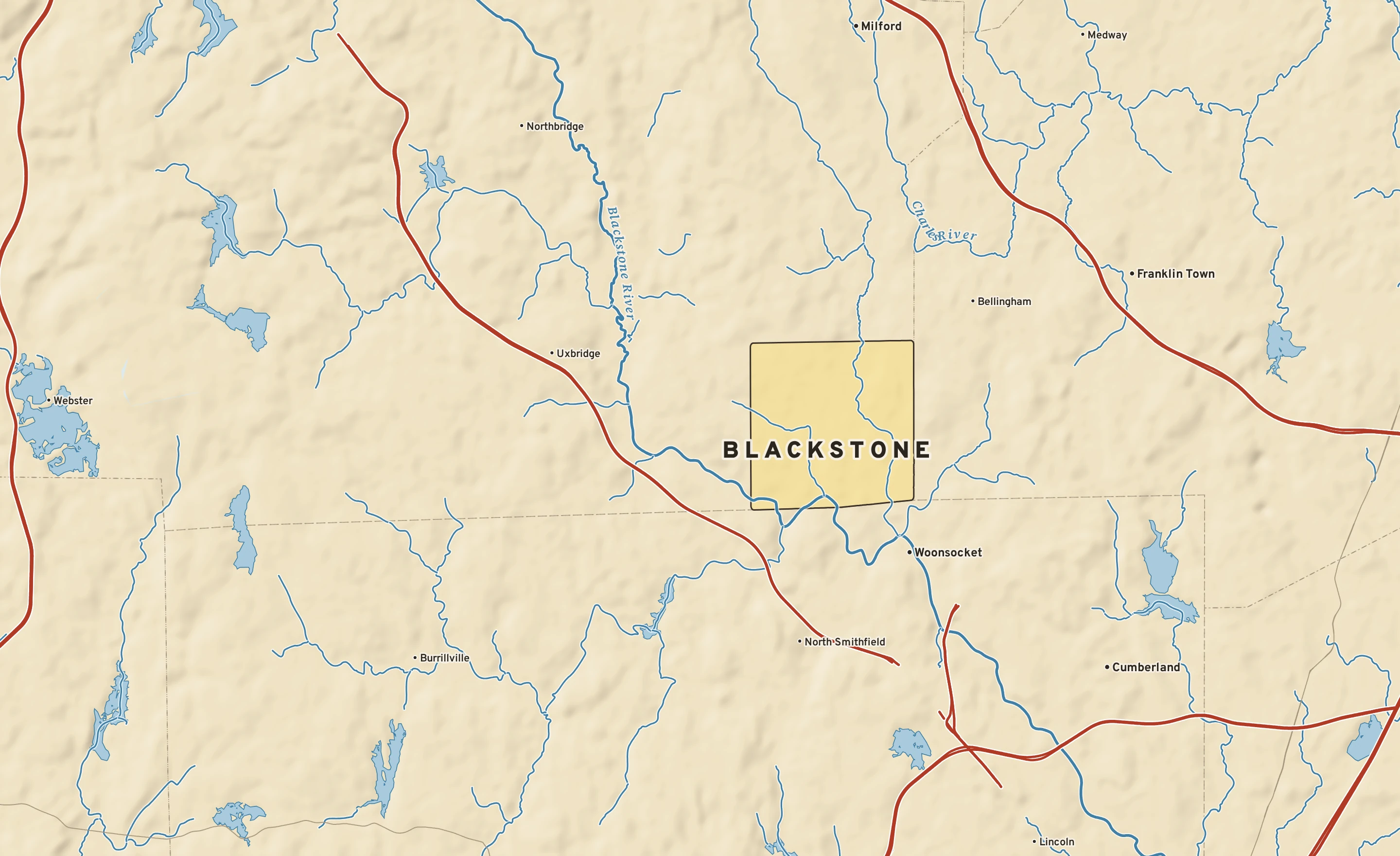 Shaded-relief atlas plate of Blackstone, Massachusetts: rivers, roads, the city limits and where the water drains.