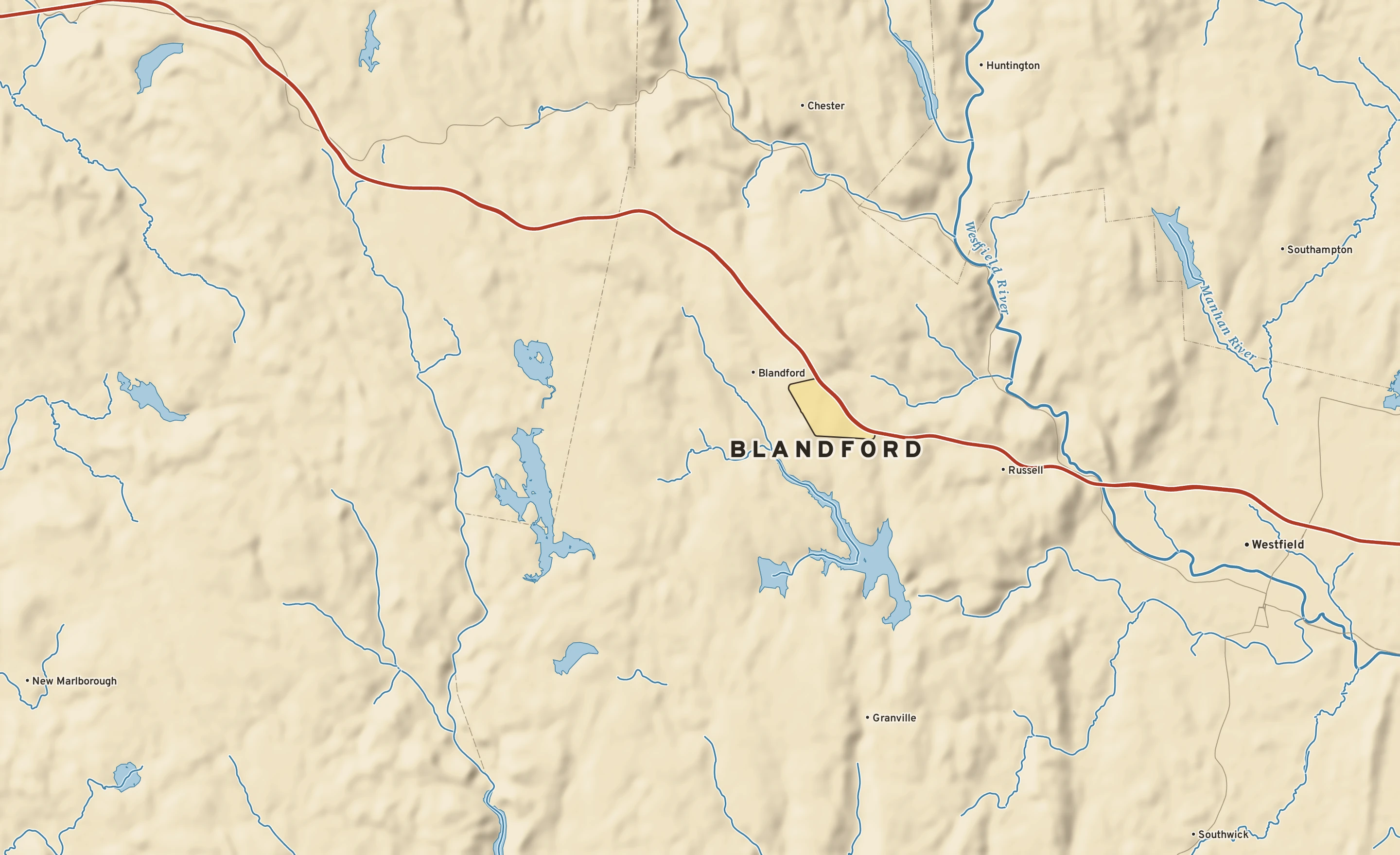 Shaded-relief atlas plate of Blandford, Massachusetts: rivers, roads, the city limits and where the water drains.