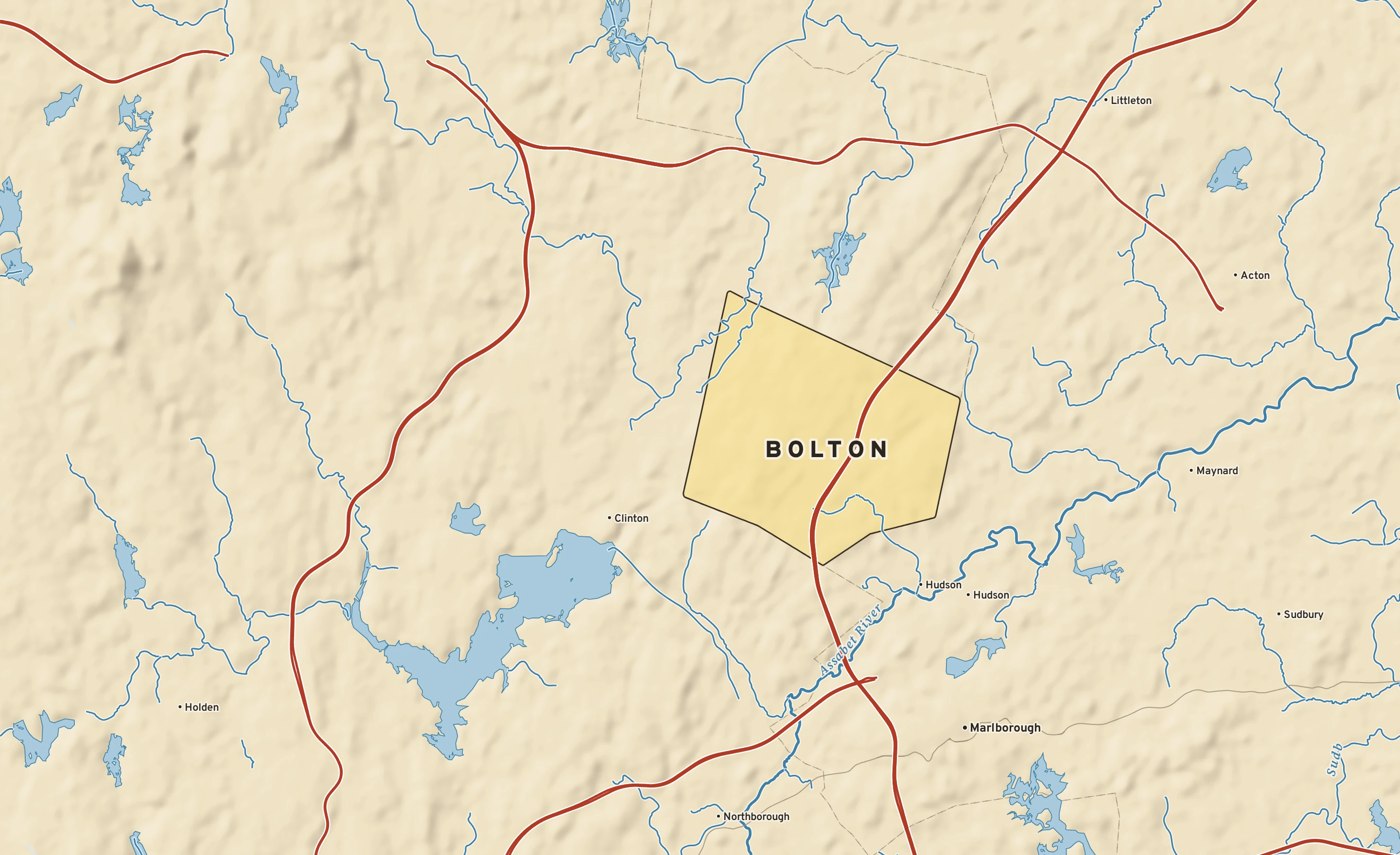 Shaded-relief atlas plate of Bolton, Massachusetts: rivers, roads, the city limits and where the water drains.