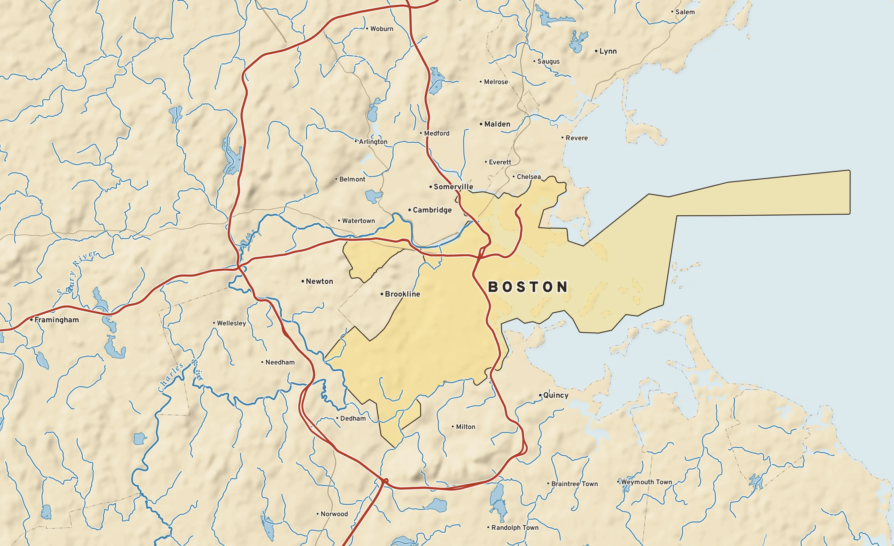 Shaded-relief atlas plate of Boston, Massachusetts: rivers, roads, the city limits and where the water drains.