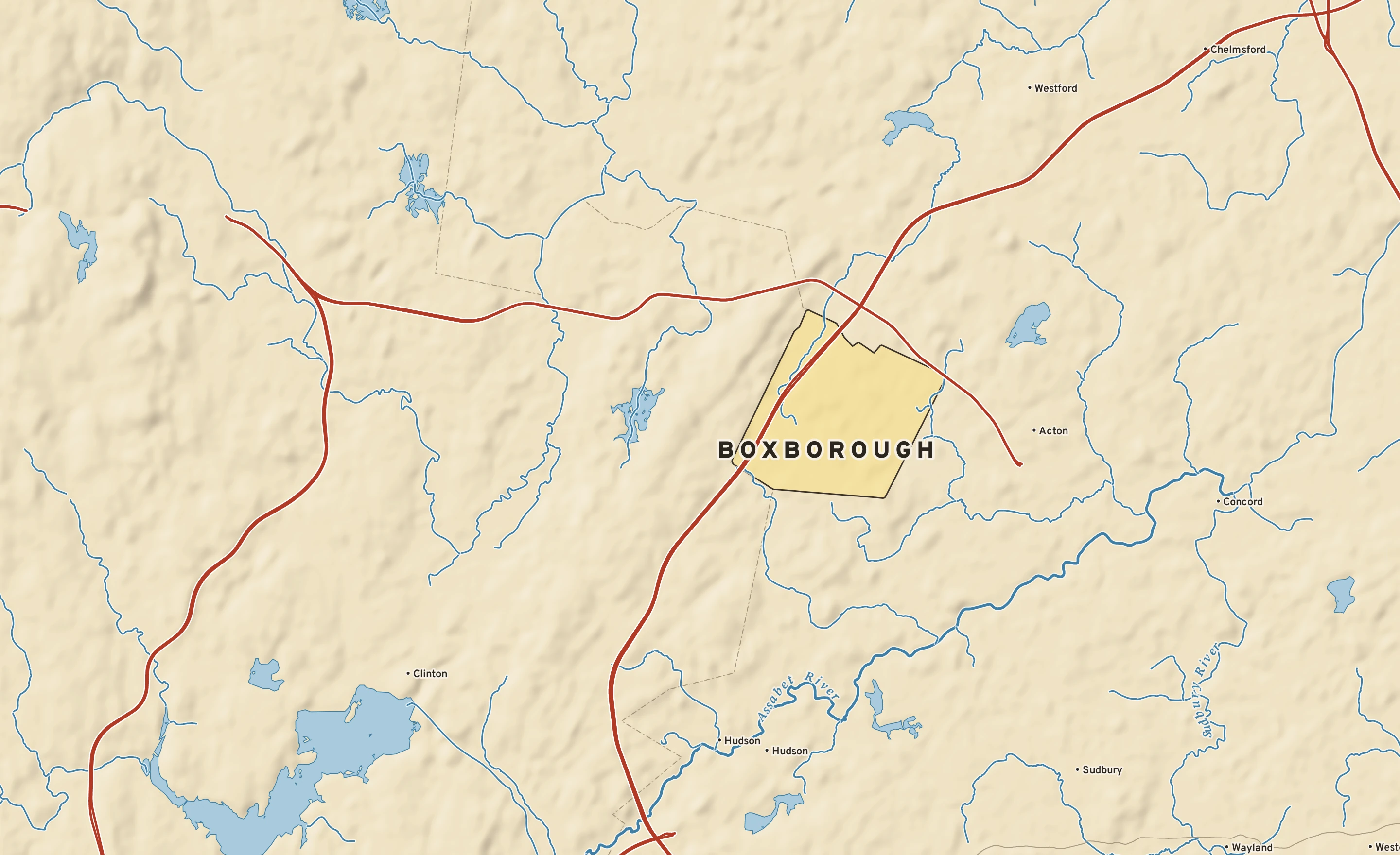 Shaded-relief atlas plate of Boxborough, Massachusetts: rivers, roads, the city limits and where the water drains.