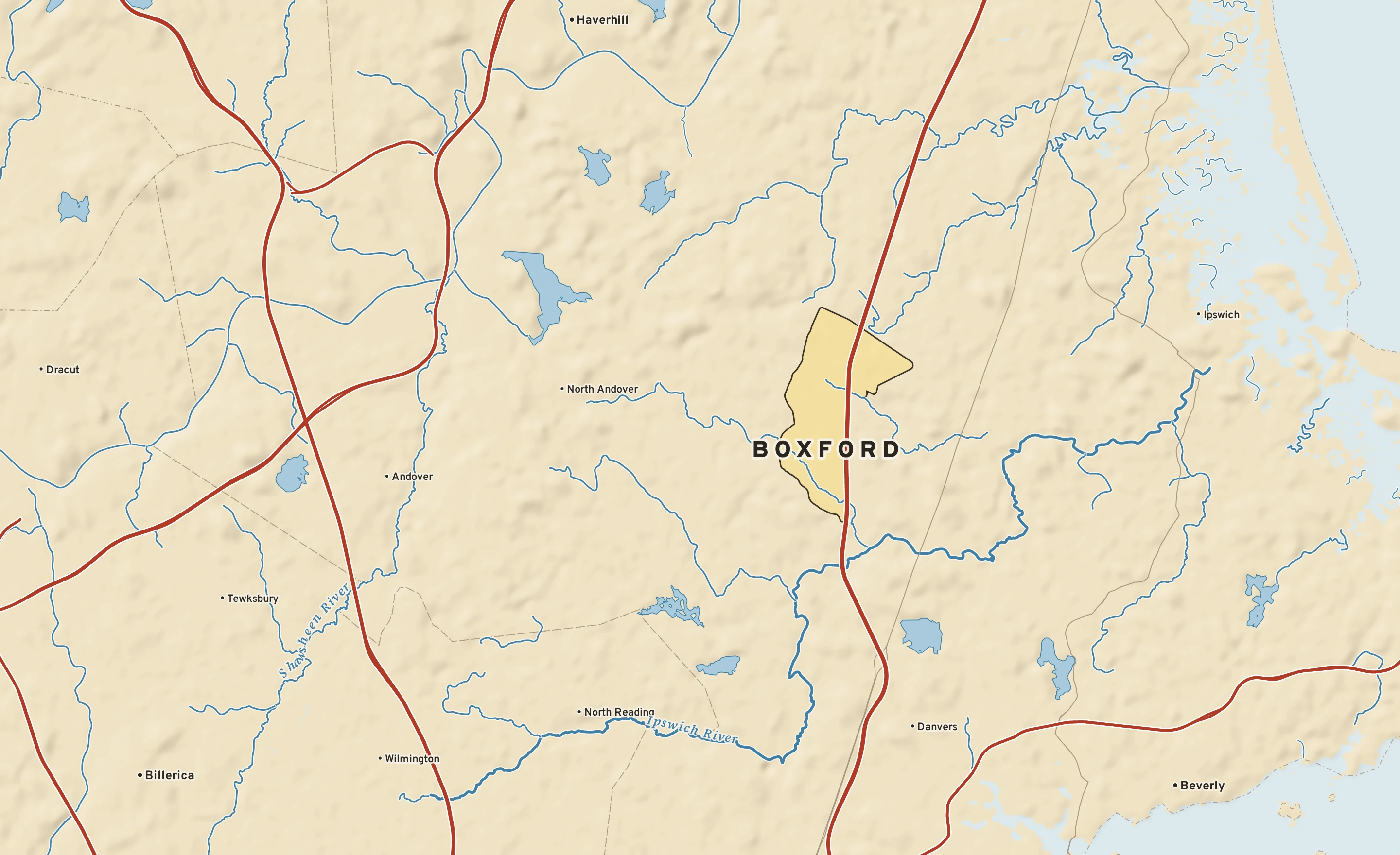 Shaded-relief atlas plate of Boxford, Massachusetts: rivers, roads, the city limits and where the water drains.