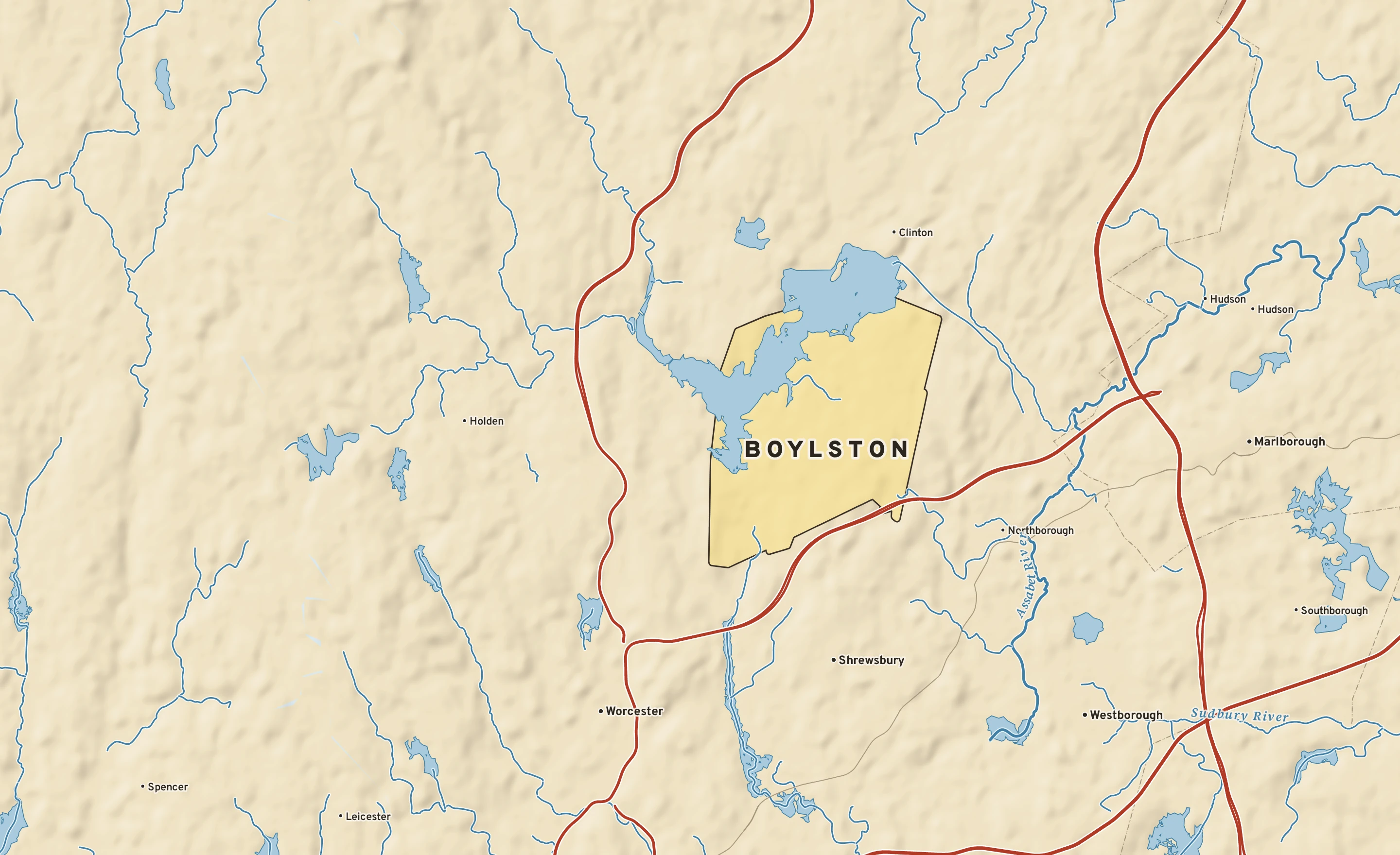 Shaded-relief atlas plate of Boylston, Massachusetts: rivers, roads, the city limits and where the water drains.