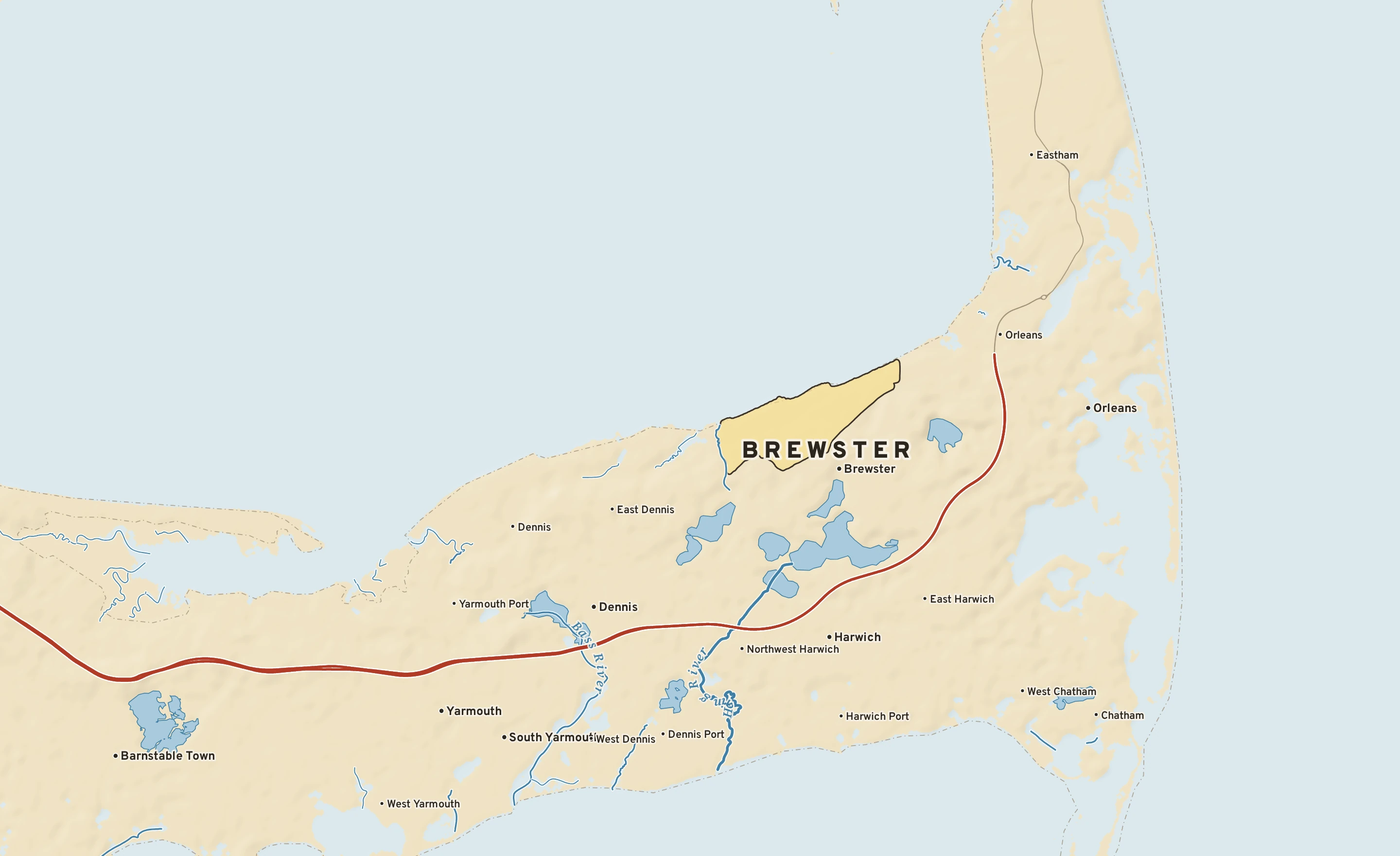 Shaded-relief atlas plate of Brewster, Massachusetts: rivers, roads, the city limits and where the water drains.
