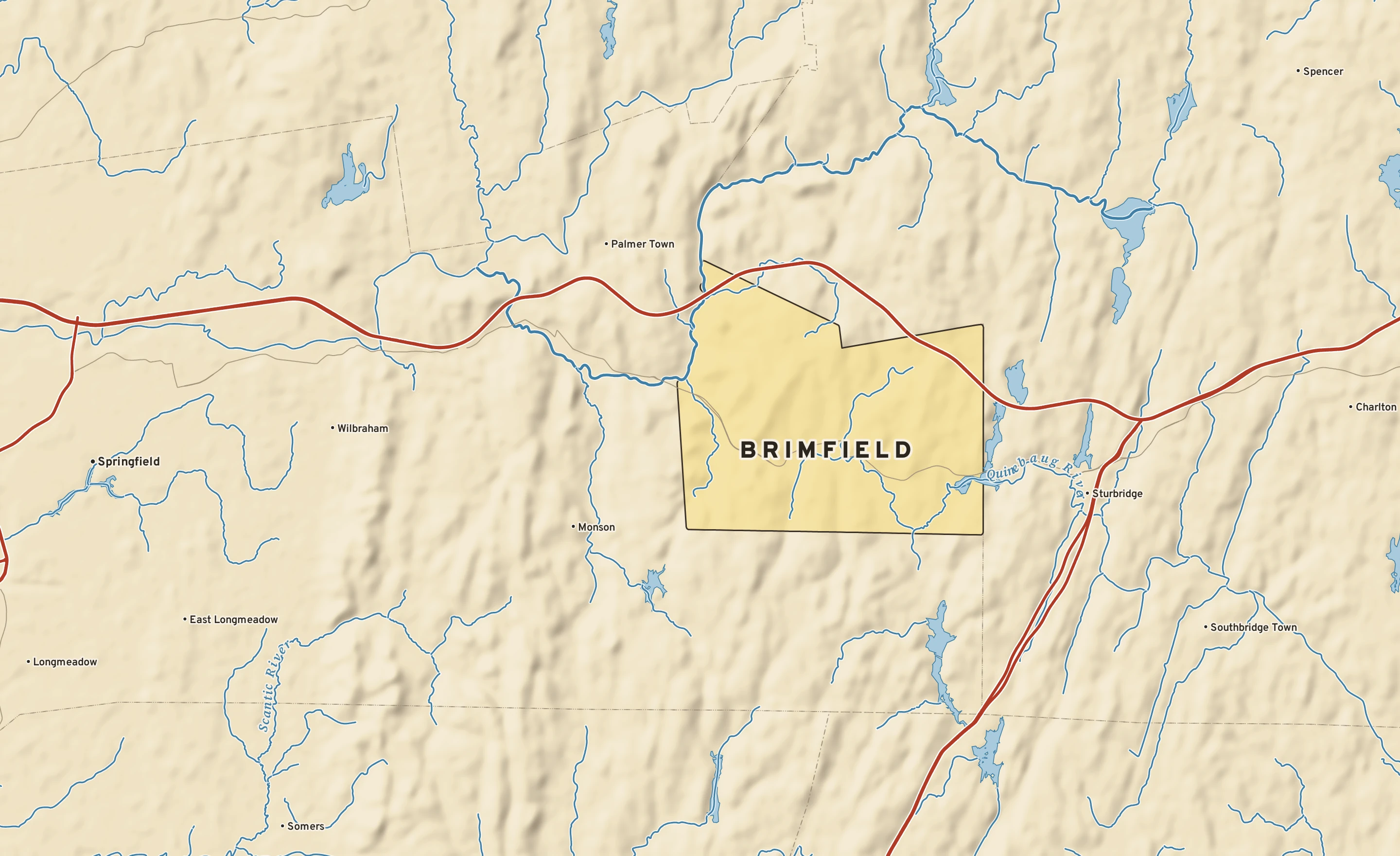 Shaded-relief atlas plate of Brimfield, Massachusetts: rivers, roads, the city limits and where the water drains.