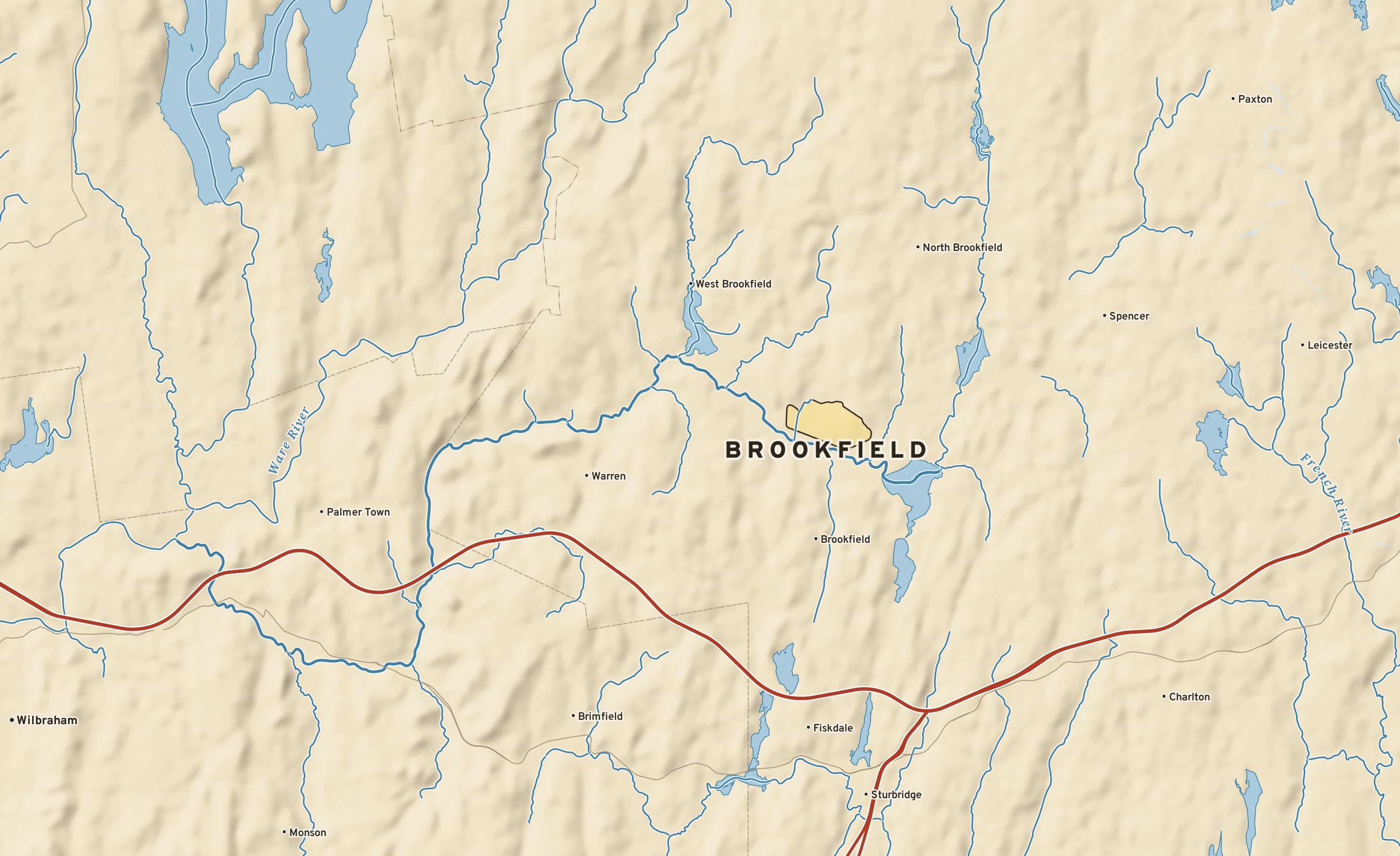 Shaded-relief atlas plate of Brookfield, Massachusetts: rivers, roads, the city limits and where the water drains.