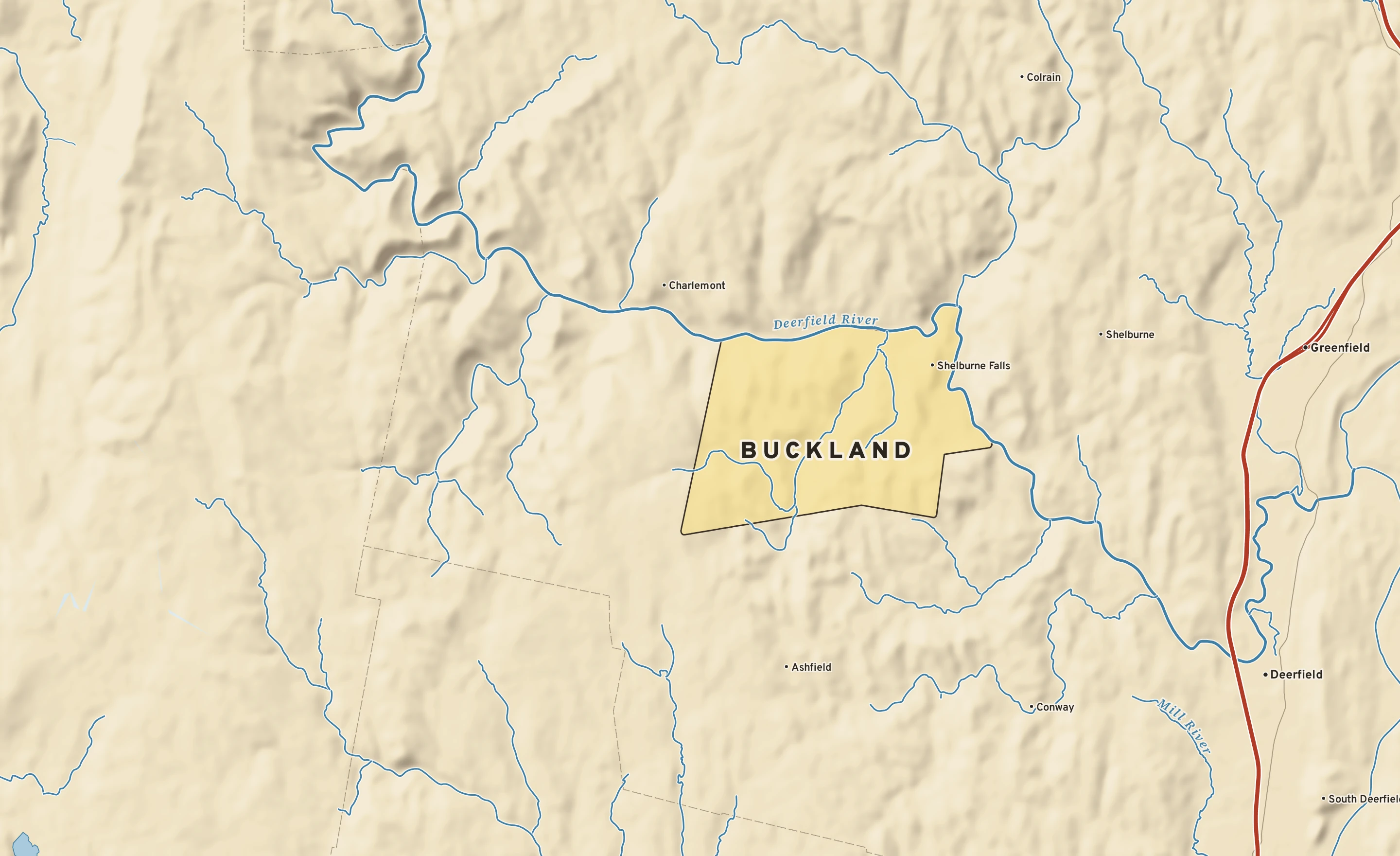Shaded-relief atlas plate of Buckland, Massachusetts: rivers, roads, the city limits and where the water drains.