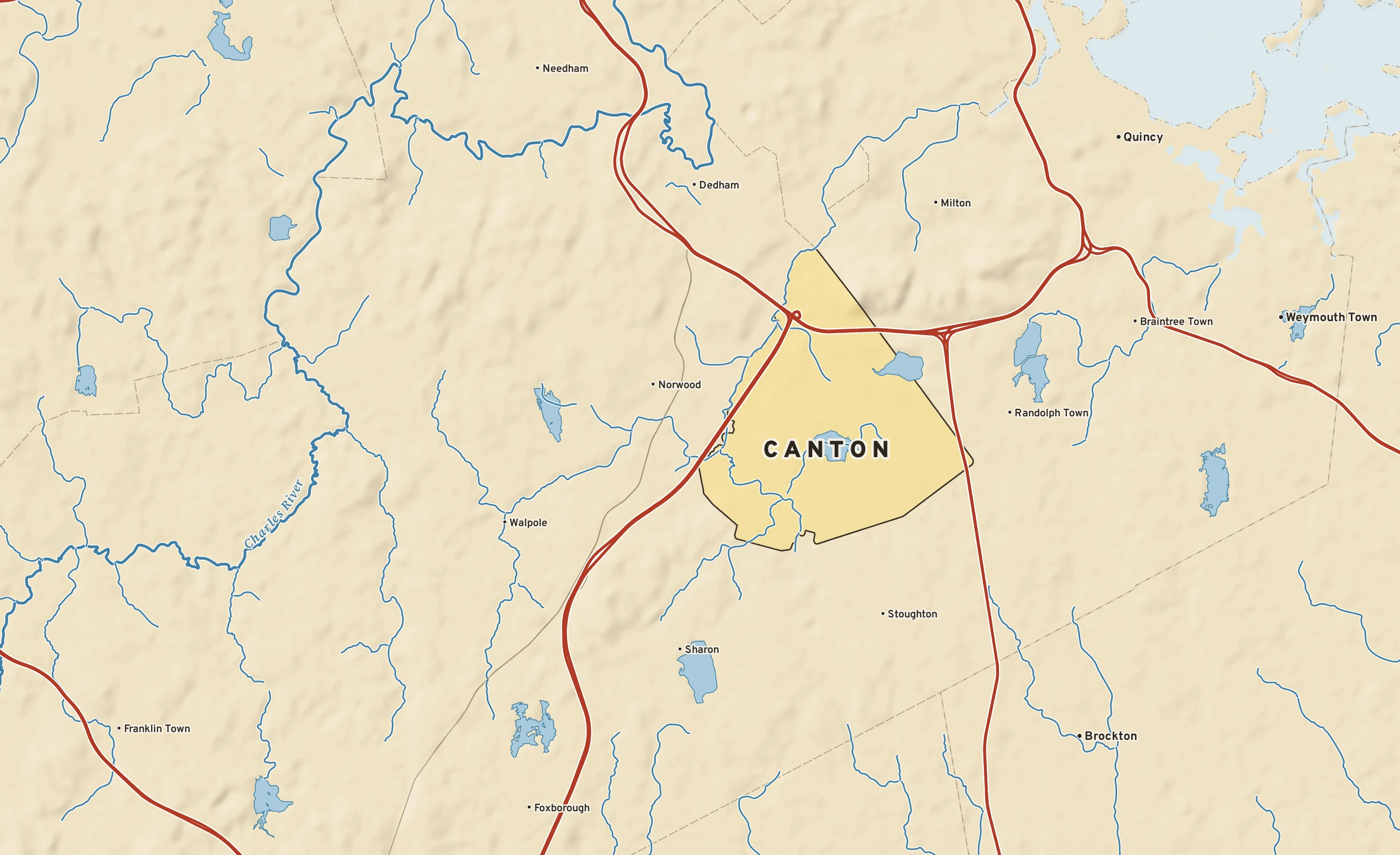 Shaded-relief atlas plate of Canton, Massachusetts: rivers, roads, the city limits and where the water drains.