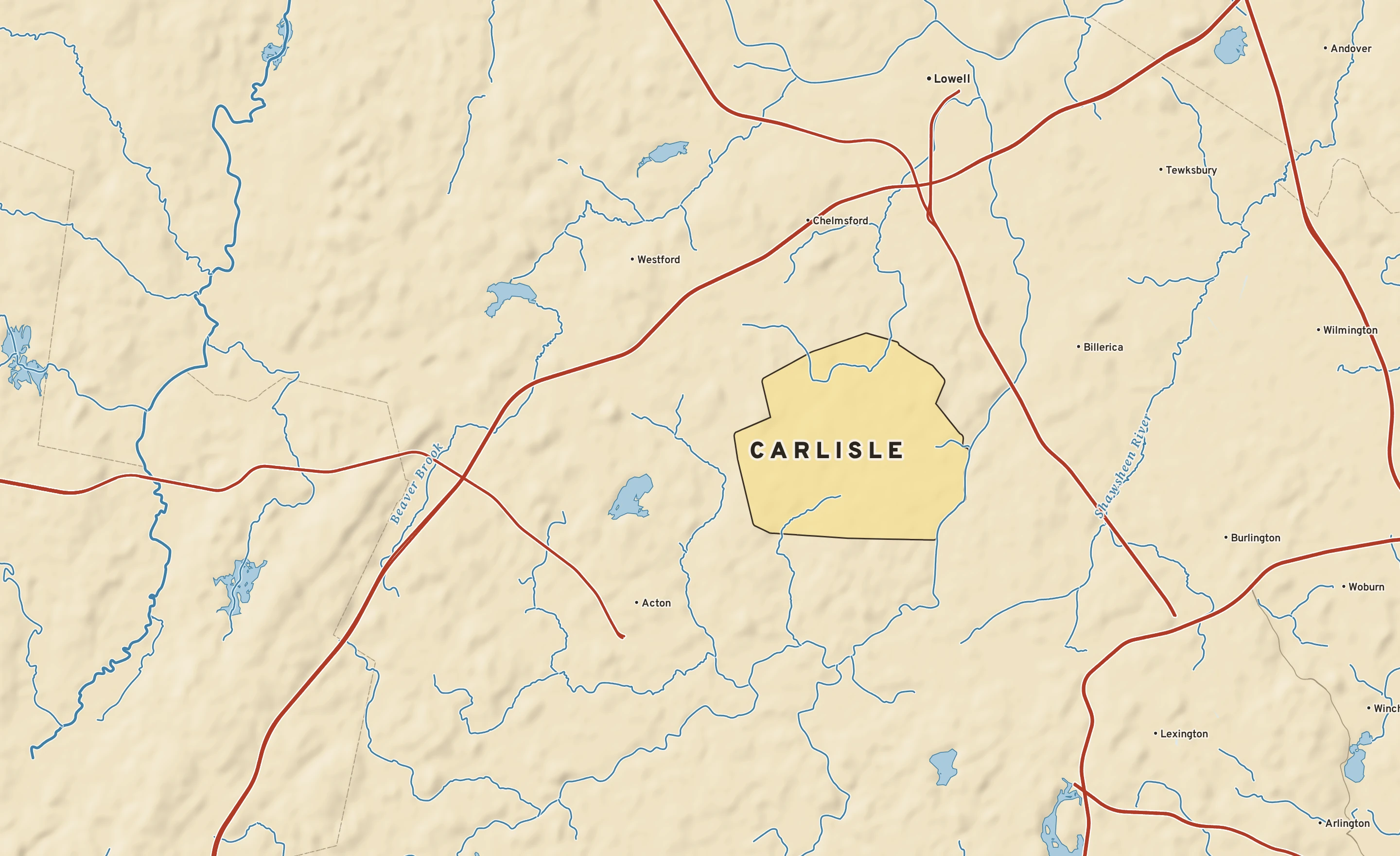 Shaded-relief atlas plate of Carlisle, Massachusetts: rivers, roads, the city limits and where the water drains.