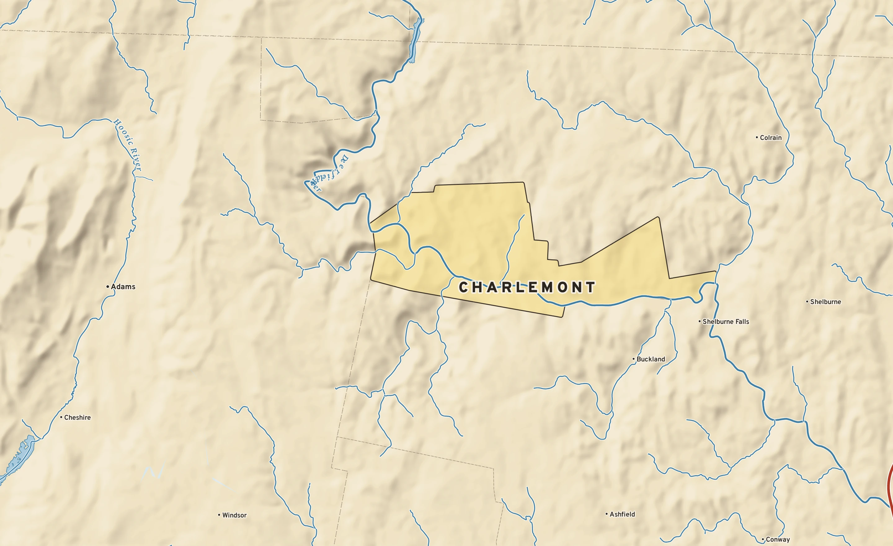 Shaded-relief atlas plate of Charlemont, Massachusetts: rivers, roads, the city limits and where the water drains.