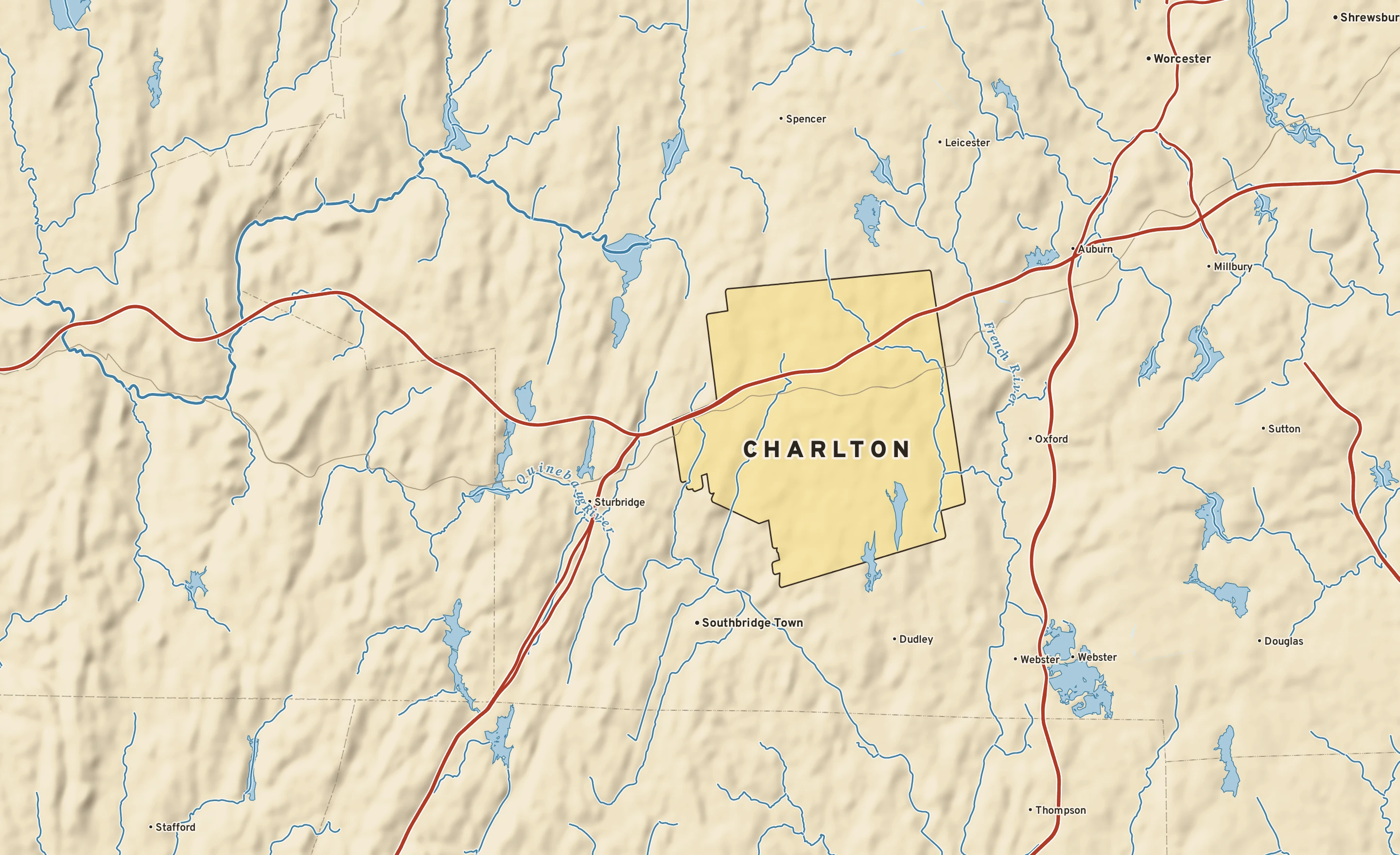Shaded-relief atlas plate of Charlton, Massachusetts: rivers, roads, the city limits and where the water drains.