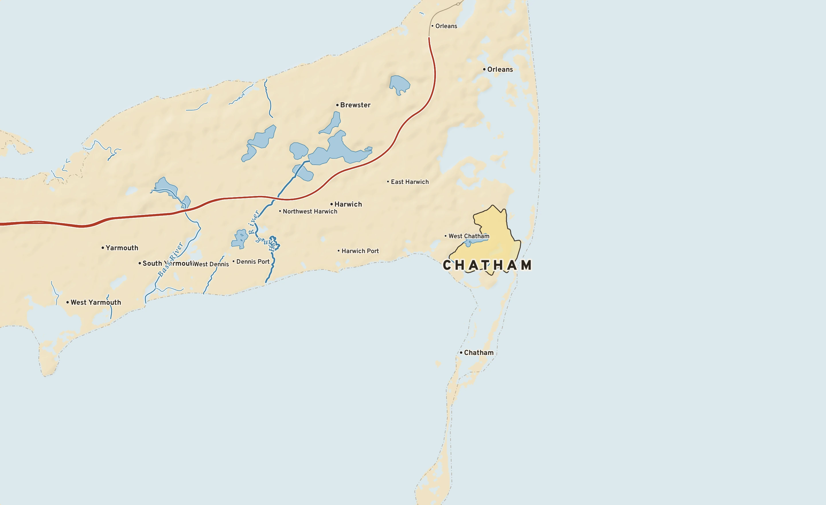 Shaded-relief atlas plate of Chatham, Massachusetts: rivers, roads, the city limits and where the water drains.