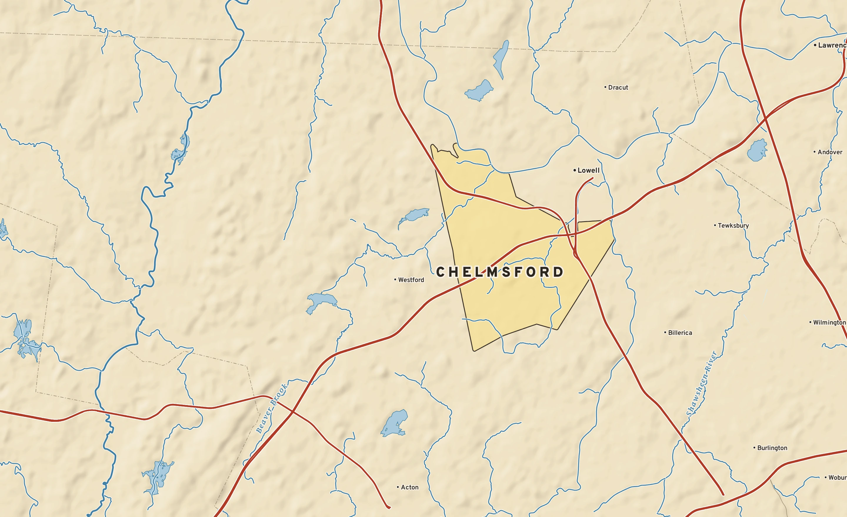 Shaded-relief atlas plate of Chelmsford, Massachusetts: rivers, roads, the city limits and where the water drains.