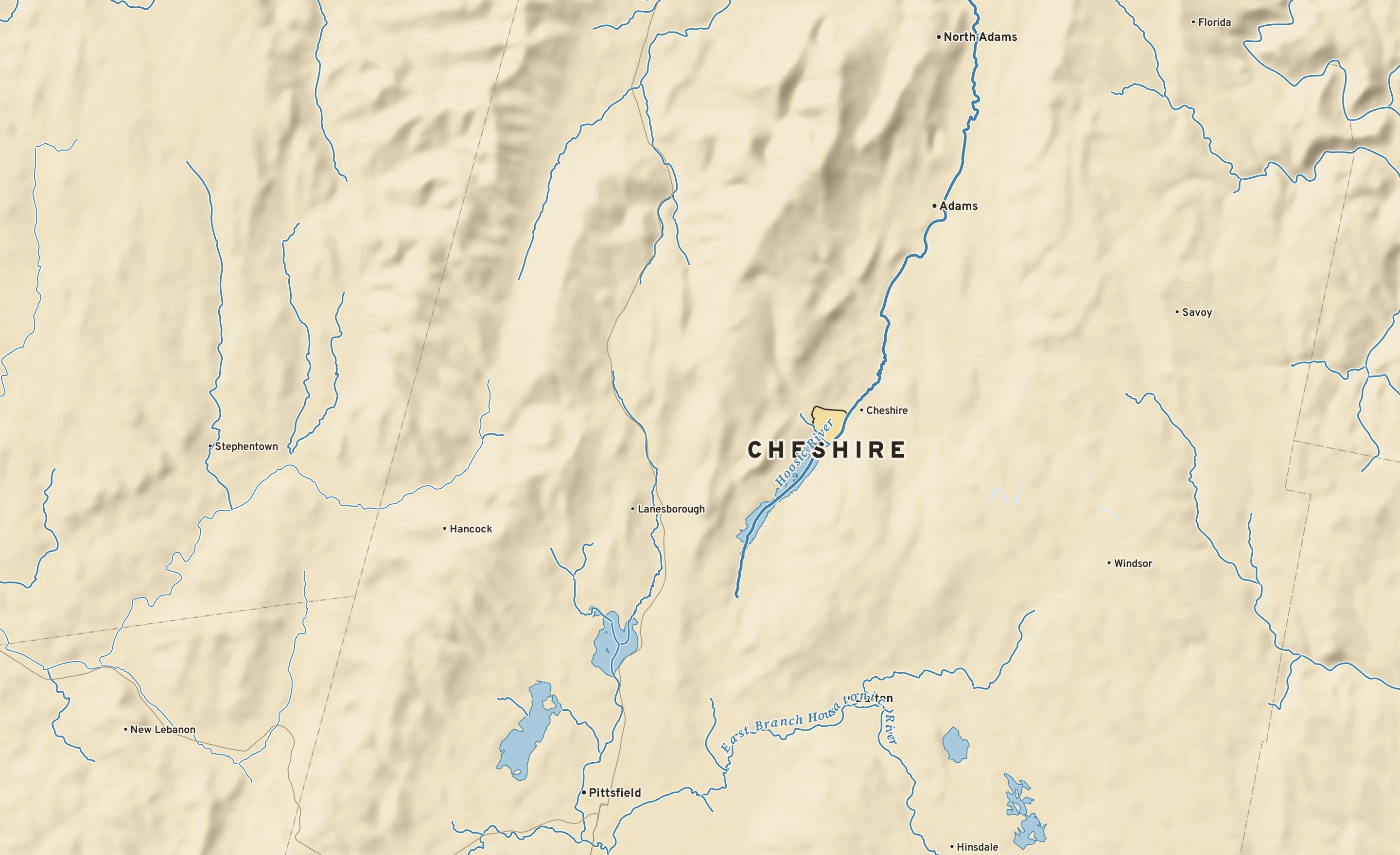 Shaded-relief atlas plate of Cheshire, Massachusetts: rivers, roads, the city limits and where the water drains.