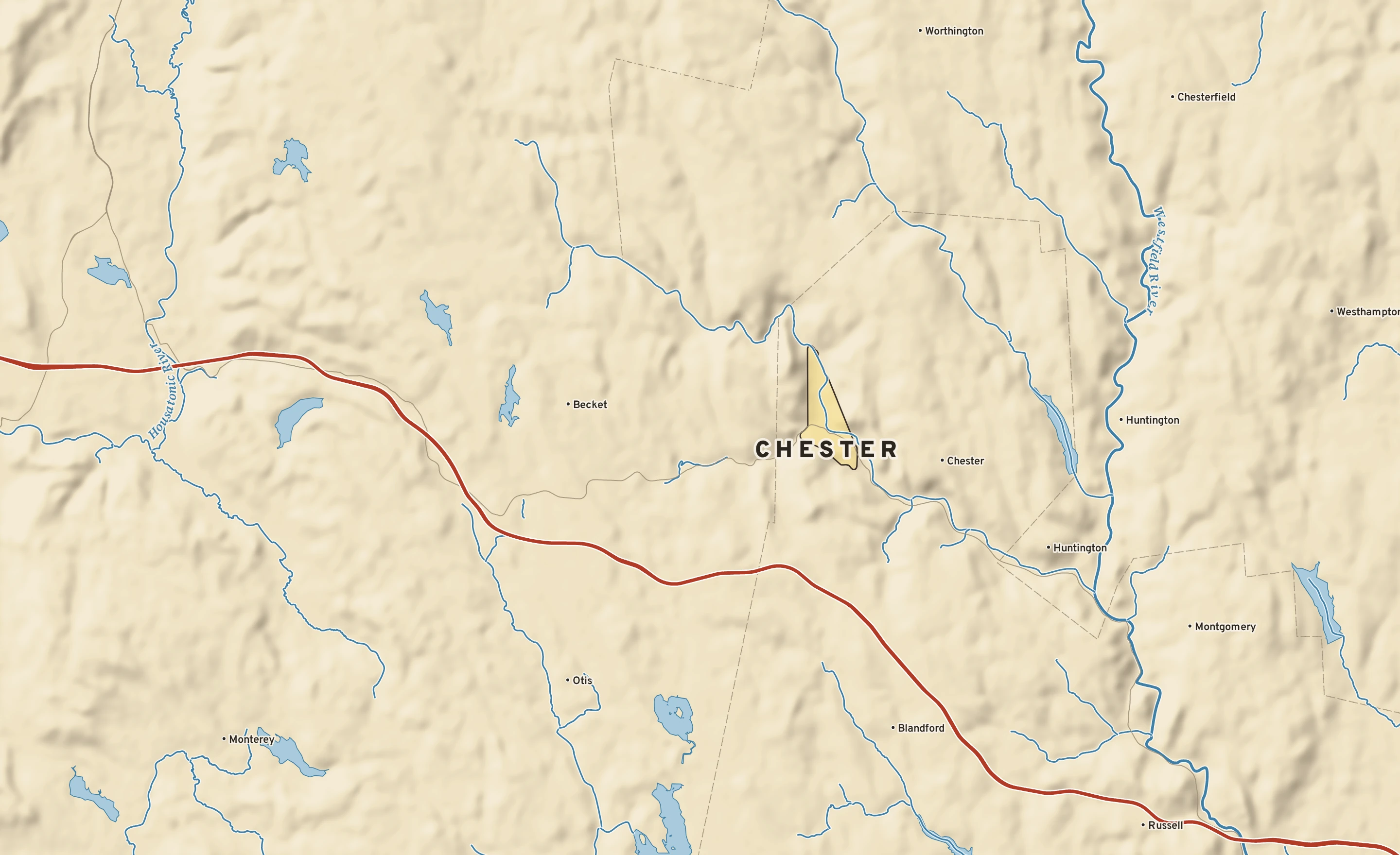 Shaded-relief atlas plate of Chester, Massachusetts: rivers, roads, the city limits and where the water drains.