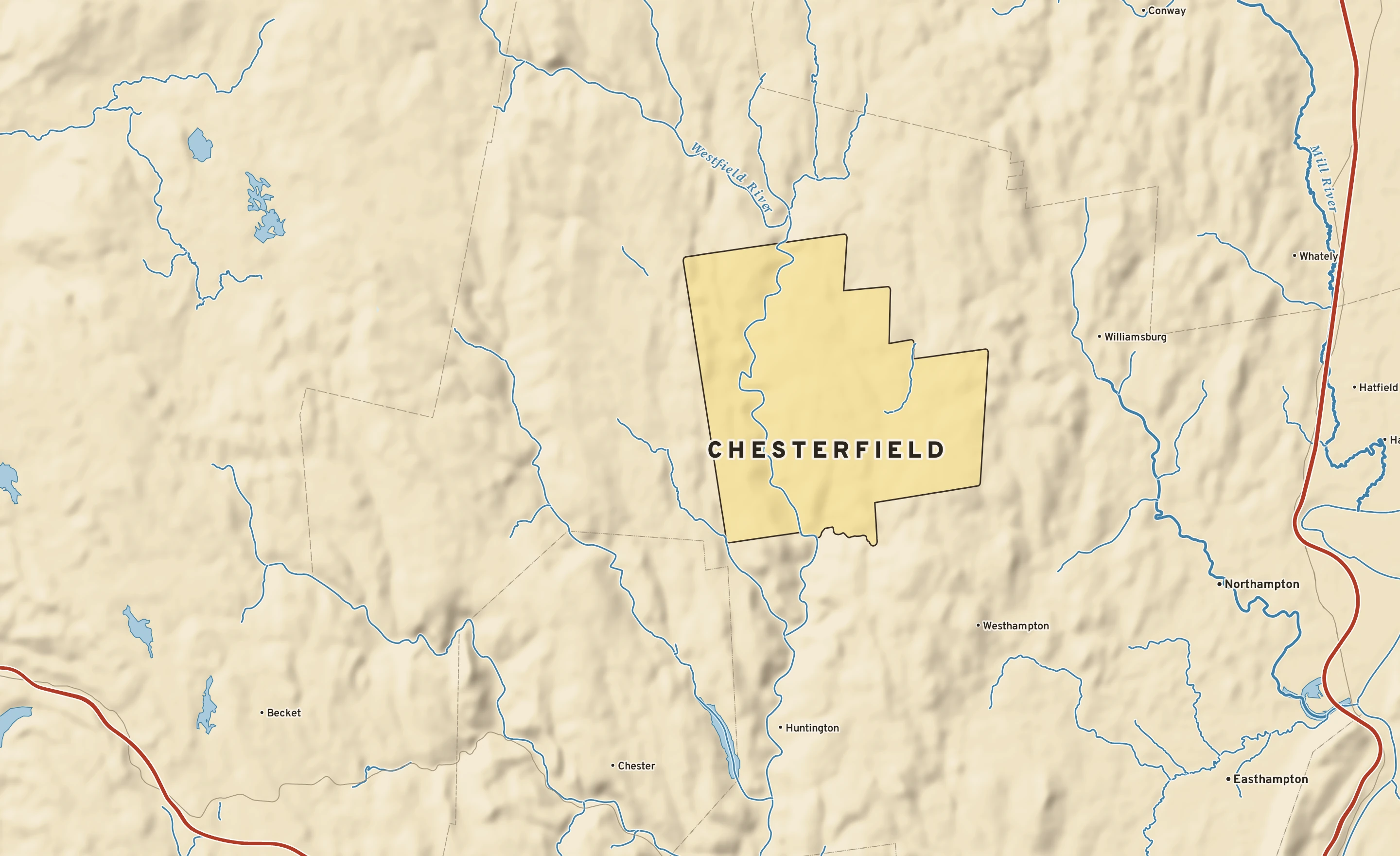Shaded-relief atlas plate of Chesterfield, Massachusetts: rivers, roads, the city limits and where the water drains.