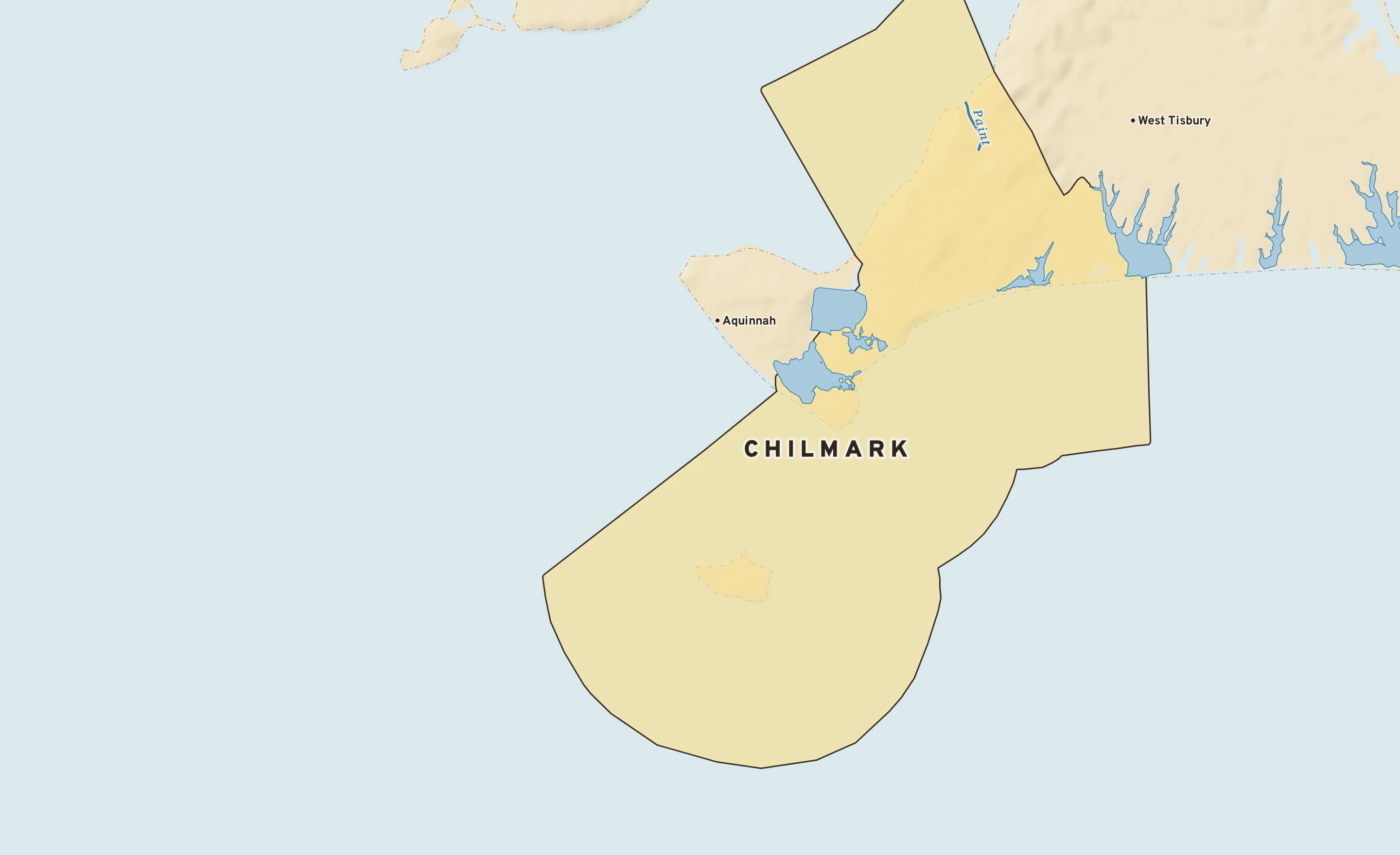 Shaded-relief atlas plate of Chilmark, Massachusetts: rivers, roads, the city limits and where the water drains.