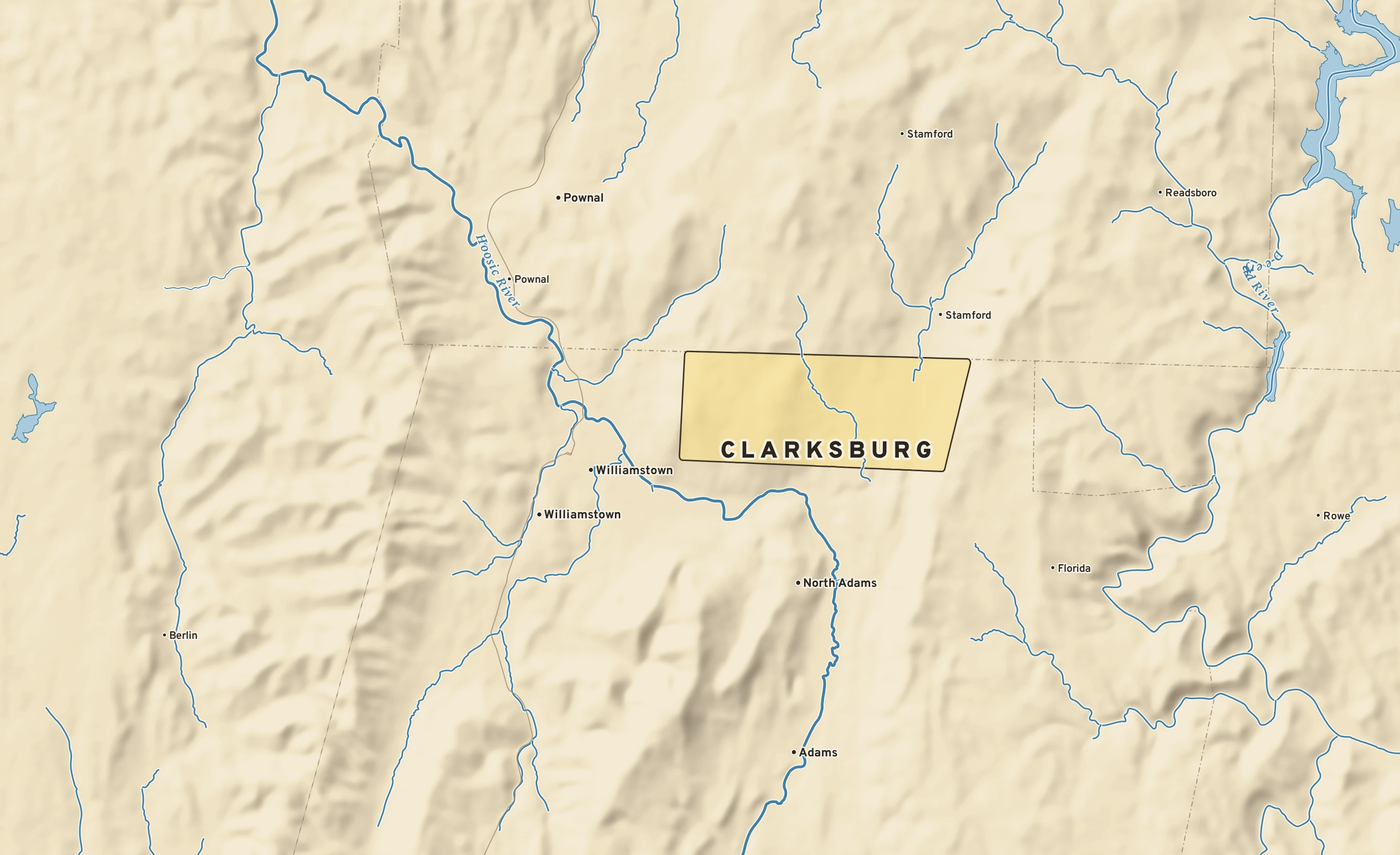Shaded-relief atlas plate of Clarksburg, Massachusetts: rivers, roads, the city limits and where the water drains.