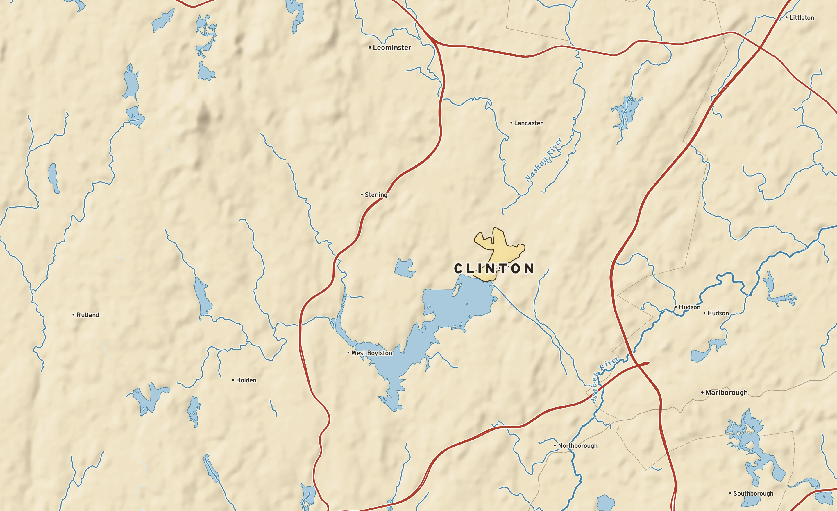 Shaded-relief atlas plate of Clinton, Massachusetts: rivers, roads, the city limits and where the water drains.