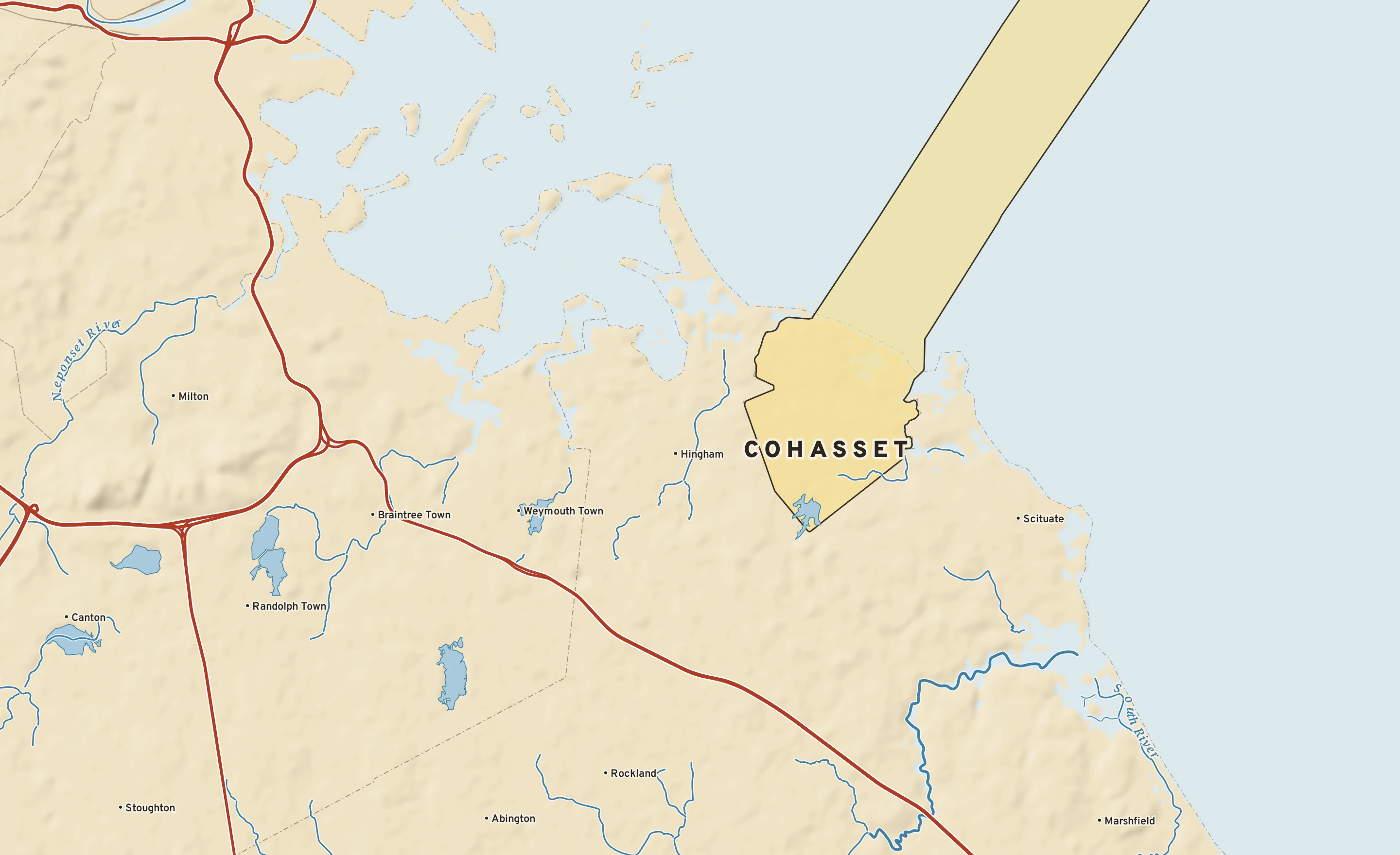 Shaded-relief atlas plate of Cohasset, Massachusetts: rivers, roads, the city limits and where the water drains.